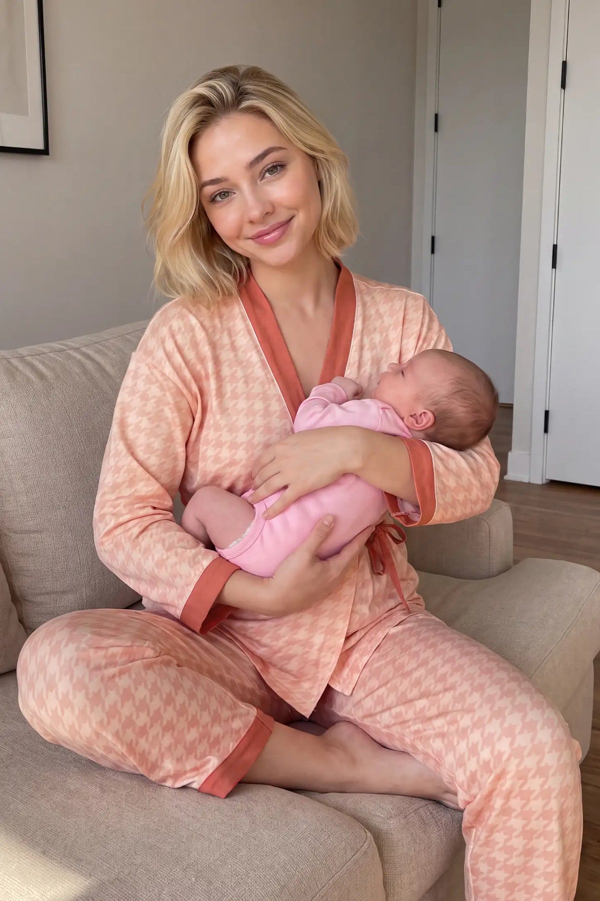 Cotton Houndstooth Nursing Pajama Set Cotton Houndstooth Nursing Pajama Set in Pink Houndstooth featuring postpartum nursing convenience, soft breathable fabric, and full pajama pants set on a mother cradling her infant, couch lifestyle view.