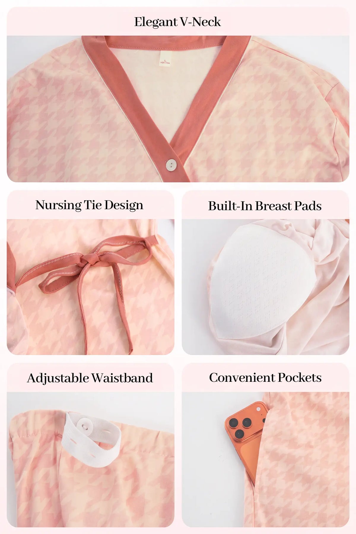Cotton Houndstooth Nursing Pajama Set Cotton Houndstooth Nursing Pajama Set in Pink Houndstooth featuring elegant V-neck, discreet snap nursing opening, built-in breast pads, adjustable waistband, and functional pockets detail diagram view.