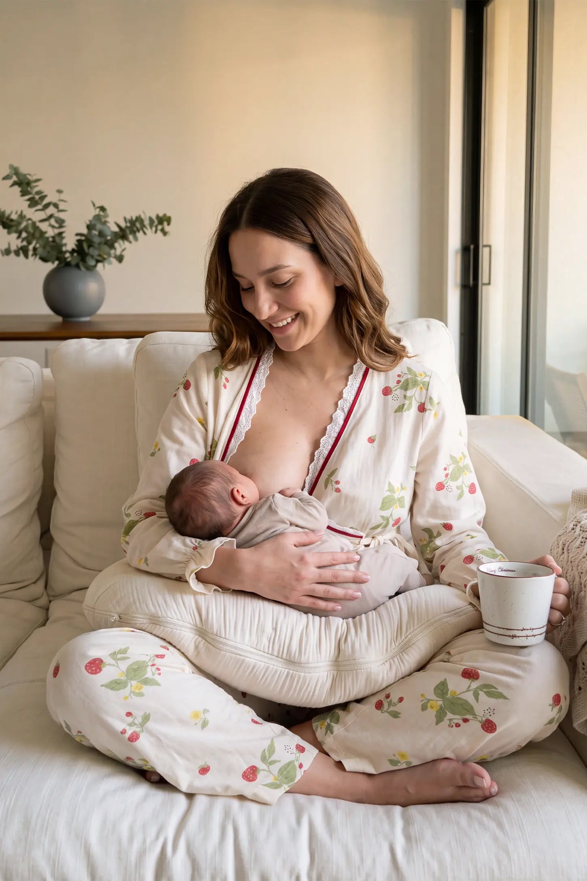 Cotton Long Sleeve Top & Pants Maternity Pajama Set Lifestyle shot of a nursing mother sitting comfortably on a couch holding a baby, wearing the strawberry long sleeve maternity pajama set with convenient nursing access.