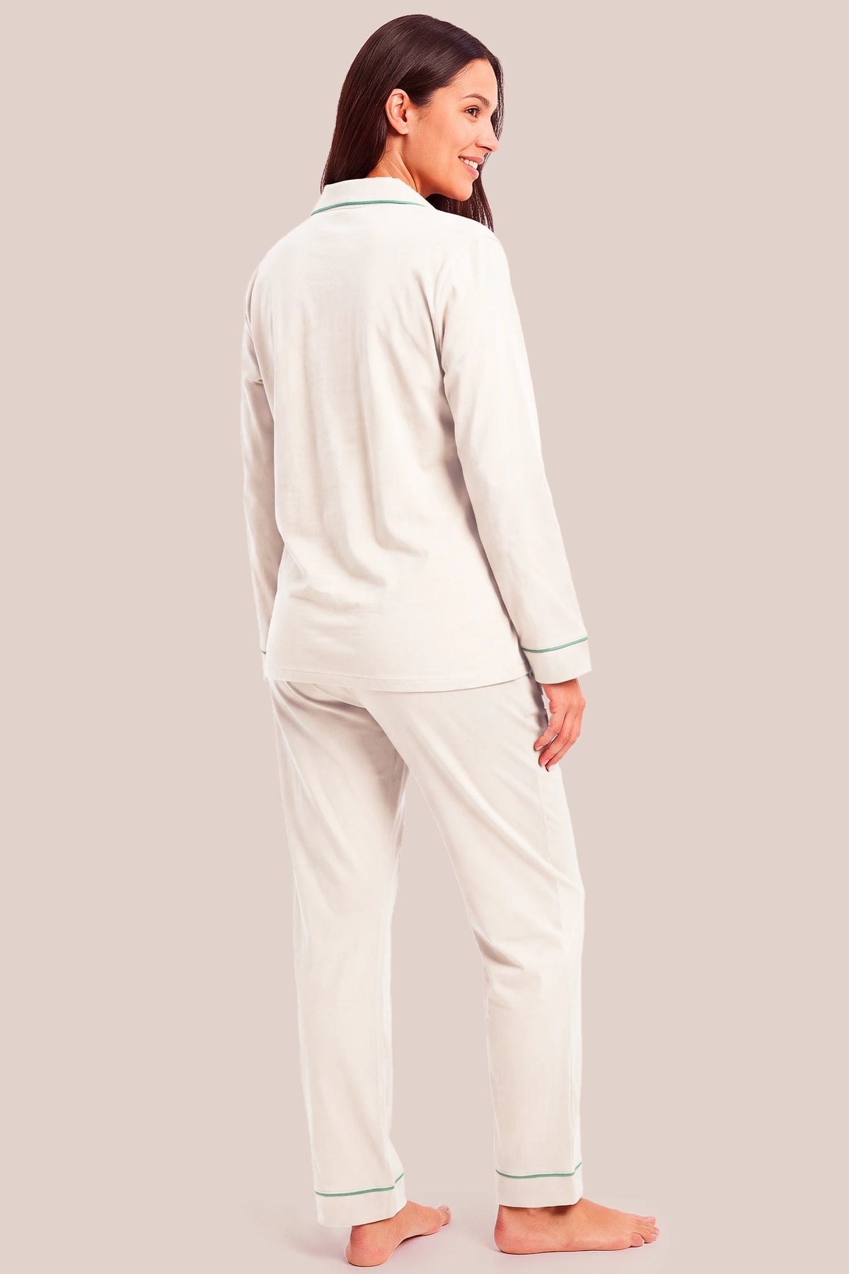Cotton Wrap Front Long Sleeve Top Wide Leg Pants Maternity Sleepwear Cotton Wrap Front Long Sleeve Top Wide Leg Pants Maternity Sleepwear in Beige featuring a relaxed back design, long sleeves, wide-leg pants, and a comfortable maternity-friendly silhouette on a pregnant model, back view.