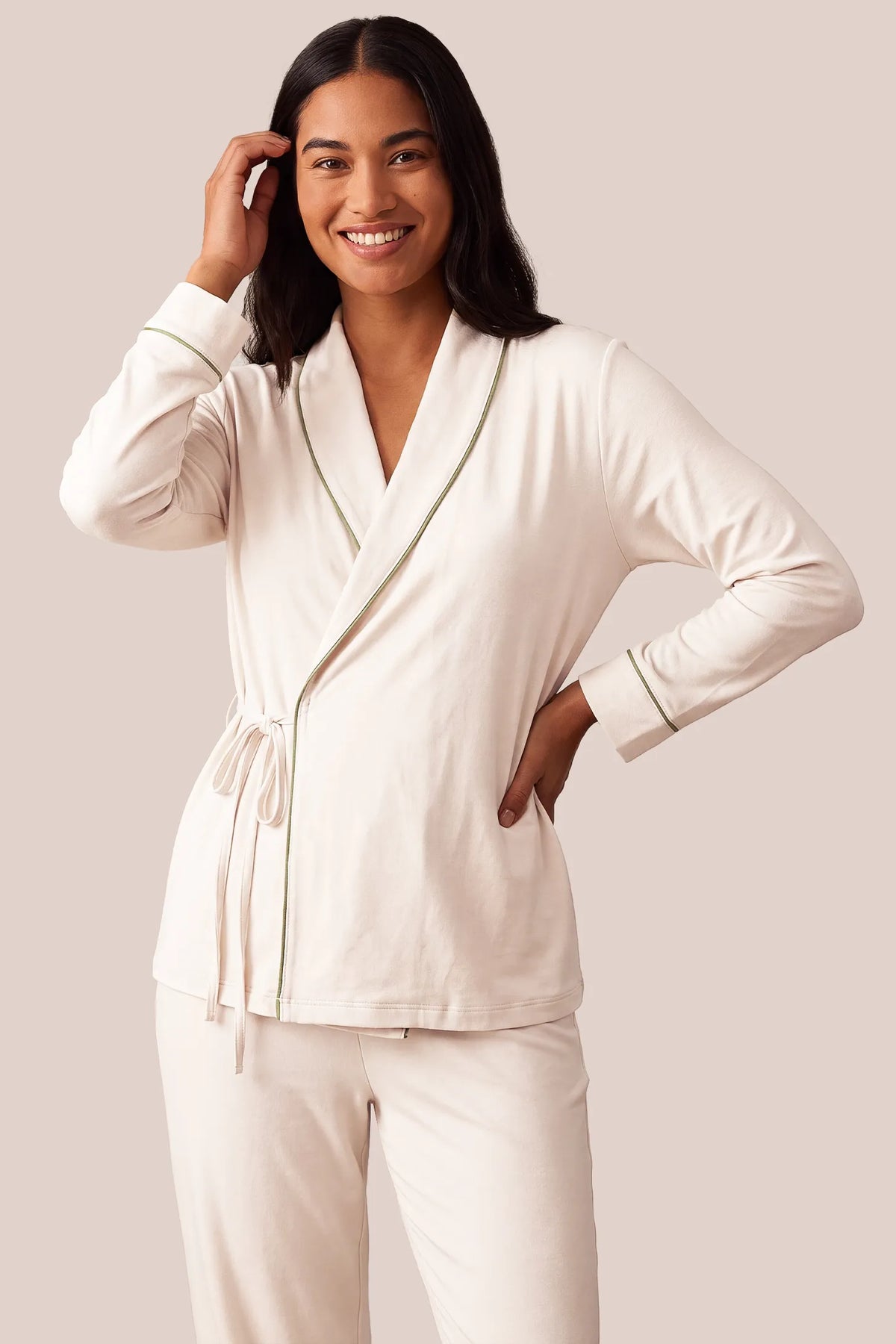 Cotton Wrap Front Long Sleeve Top Wide Leg Pants Maternity Sleepwear Cotton Wrap Front Long Sleeve Top Wide Leg Pants Maternity Sleepwear in Beige featuring a comfortable wrap front neckline, built-in bust support, adjustable waist fit, and relaxed silhouette on a postpartum model, front view.