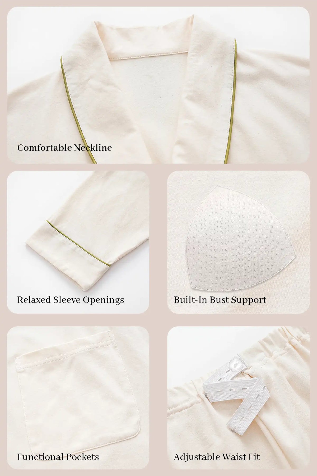 Cotton Wrap Front Long Sleeve Top Wide Leg Pants Maternity Sleepwear Cotton Wrap Front Long Sleeve Top Wide Leg Pants Maternity Sleepwear in Beige featuring a wrap front neckline, built-in bust support, relaxed sleeve openings, folded hems, and an adjustable waist fit shown in a product detail view.