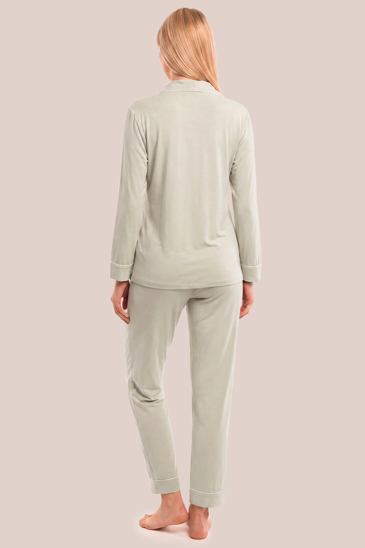 Cotton Wrap Front Long Sleeve Top Wide Leg Pants Maternity Sleepwear Cotton Wrap Front Long Sleeve Top Wide Leg Pants Maternity Sleepwear in Light Green featuring a relaxed back design, long sleeves, wide-leg pants, and a comfortable maternity-friendly silhouette on a pregnant model, back view.