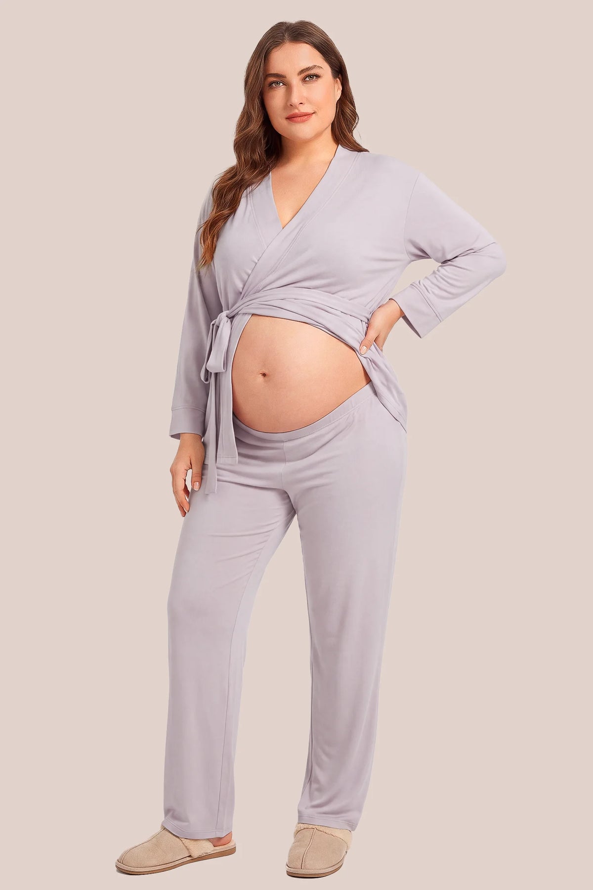 Cotton Wrap Front Long Sleeve Top Wide Leg Pants Maternity Sleepwear Cotton Wrap Front Long Sleeve Top Wide Leg Pants Maternity Sleepwear in Light Purple featuring a wrap front neckline, built-in bust support, adjustable waist fit, and relaxed wide-leg silhouette on a plus-size pregnant model, front view.