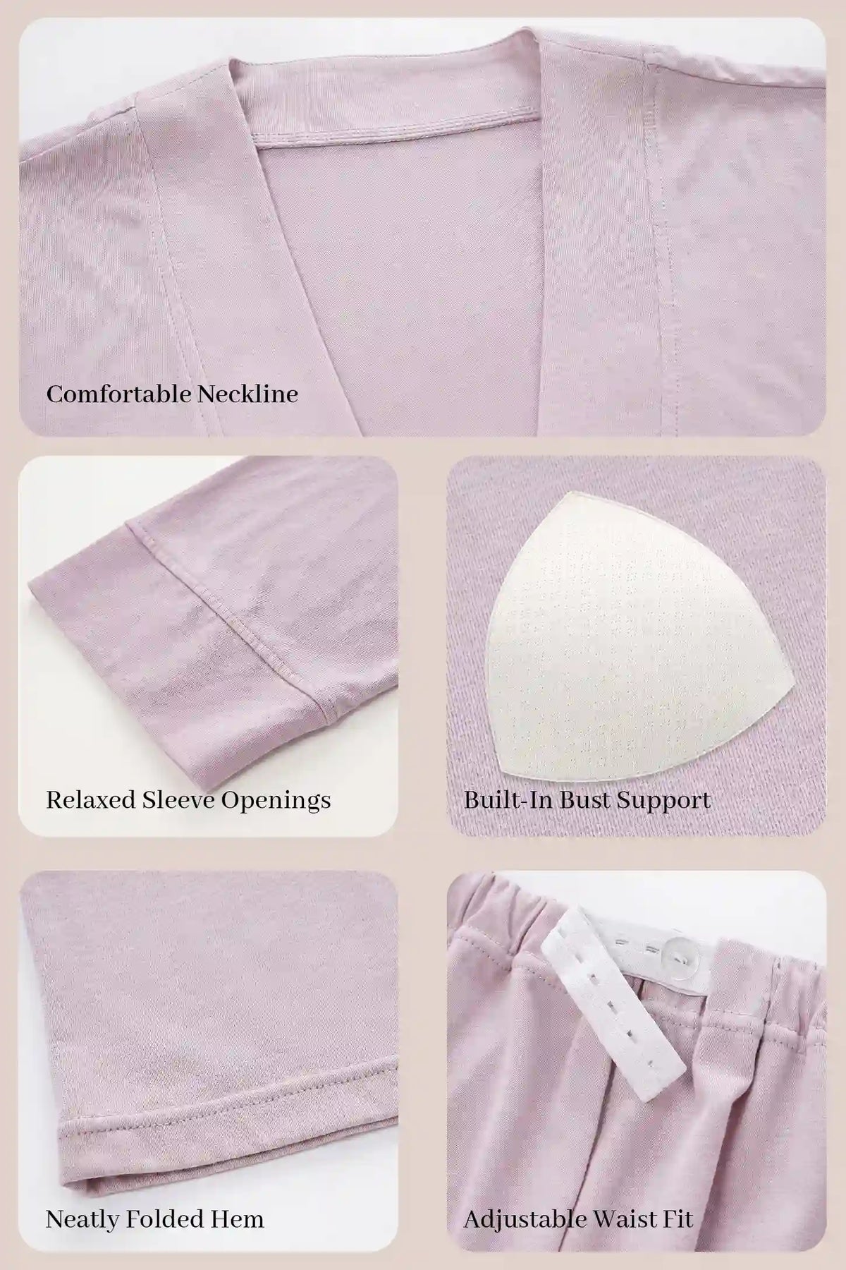 Cotton Wrap Front Long Sleeve Top Wide Leg Pants Maternity Sleepwear Cotton Wrap Front Long Sleeve Top Wide Leg Pants Maternity Sleepwear in Light Purple featuring a wrap front neckline, built-in bust support, relaxed sleeve openings, folded hems, and an adjustable waist fit shown in a product detail view.