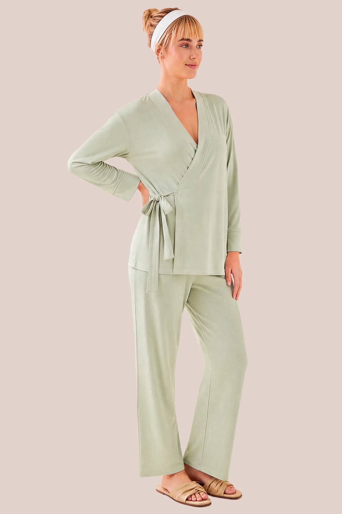 Cotton Wrap Front Long Sleeve Top Wide Leg Pants Maternity Sleepwear Cotton Wrap Front Long Sleeve Top Wide Leg Pants Maternity Sleepwear in Pale Olive featuring a comfortable wrap front neckline, built-in bust support, adjustable waist fit, and relaxed silhouette on a postpartum model, front view.