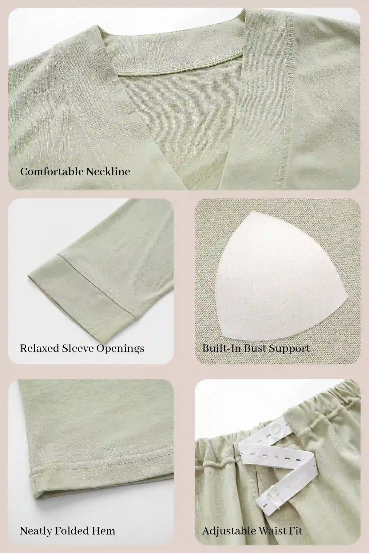 Cotton Wrap Front Long Sleeve Top Wide Leg Pants Maternity Sleepwear Cotton Wrap Front Long Sleeve Top Wide Leg Pants Maternity Sleepwear in Pale Olive featuring a wrap front neckline, built-in bust support, relaxed sleeve openings, folded hems, and an adjustable waist fit shown in a product detail view.