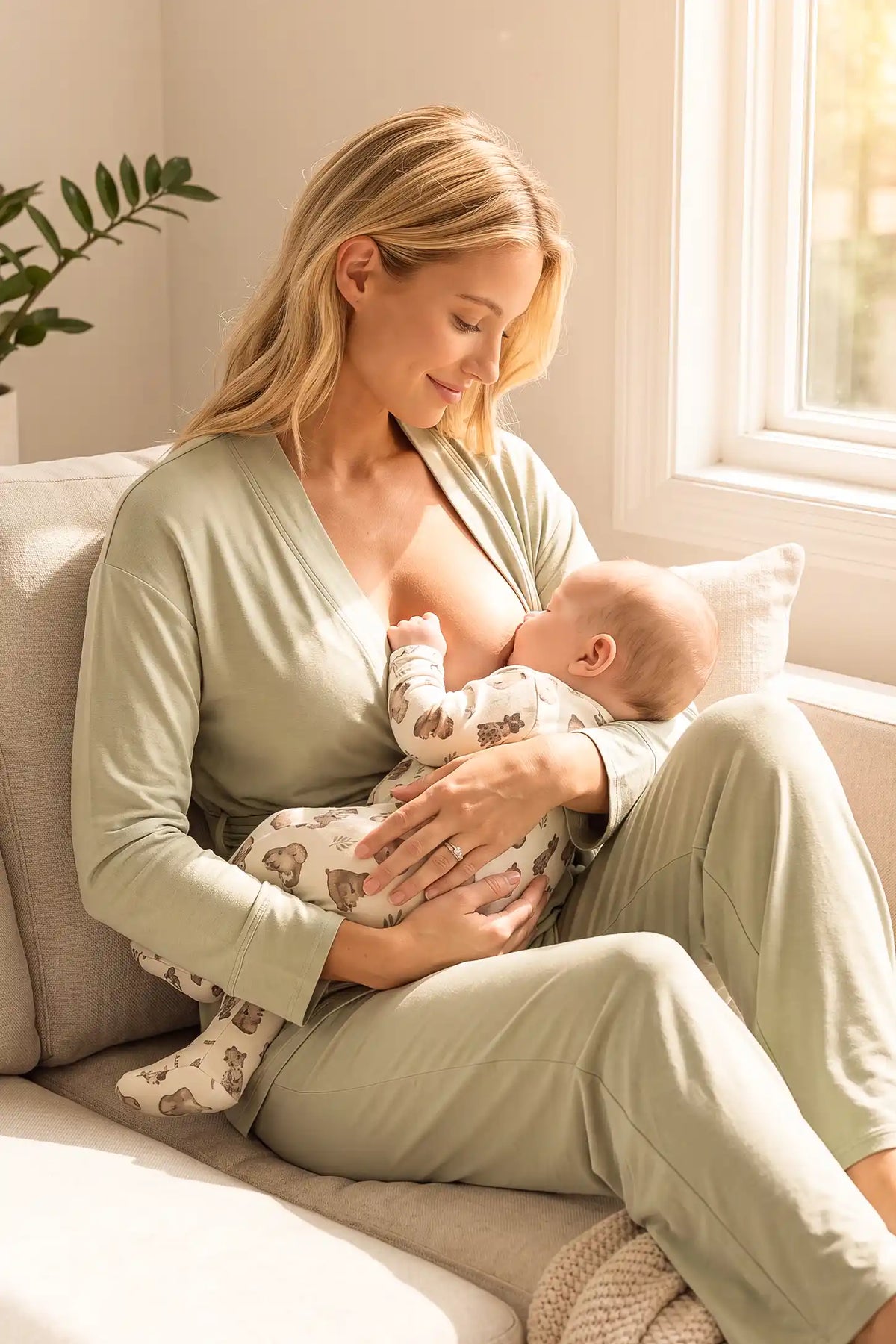 Cotton Wrap Front Long Sleeve Top Wide Leg Pants Maternity Sleepwear Cotton Wrap Front Long Sleeve Top Wide Leg Pants Maternity Sleepwear in Pale Olive featuring a comfortable wrap front top and relaxed wide-leg pants on a pregnant model in a cozy lifestyle setting.