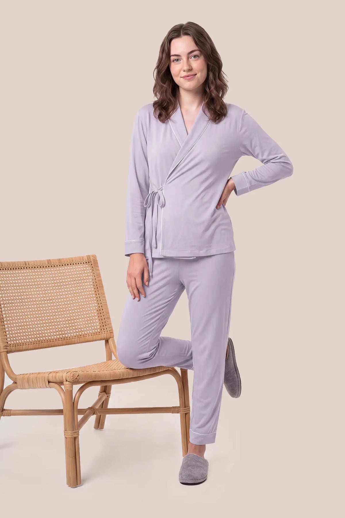 Cotton Wrap Front Long Sleeve Top Wide Leg Pants Maternity Sleepwear Cotton Wrap Front Long Sleeve Top Wide Leg Pants Maternity Sleepwear in Purple featuring a comfortable wrap front neckline, built-in bust support, adjustable waist fit, and relaxed silhouette on a postpartum model, front view.