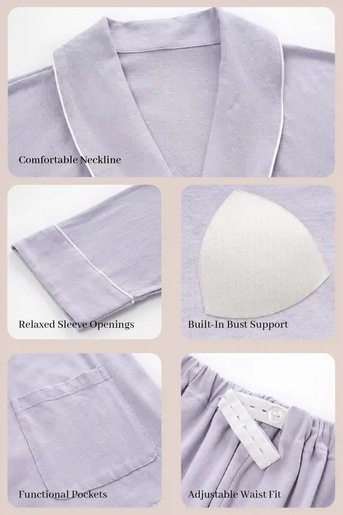 Cotton Wrap Front Long Sleeve Top Wide Leg Pants Maternity Sleepwear Cotton Wrap Front Long Sleeve Top Wide Leg Pants Maternity Sleepwear in Purple featuring a wrap front neckline, built-in bust support, relaxed sleeve openings, folded hems, and an adjustable waist fit shown in a product detail view.
