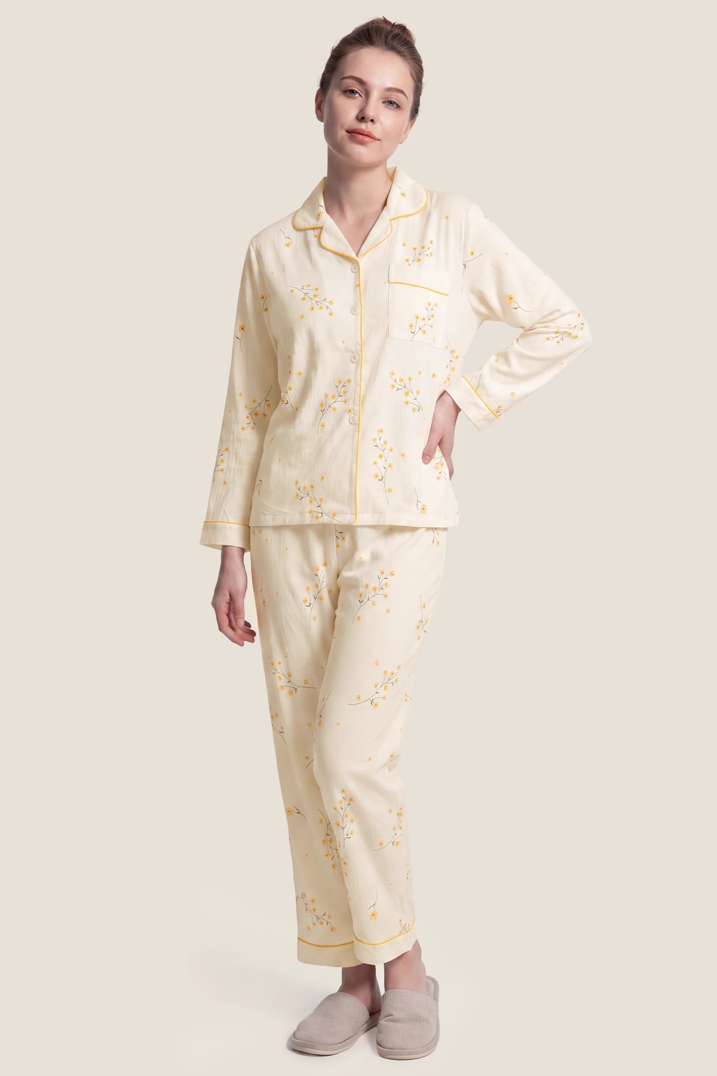Cozy Floral Cotton Maternity Pajama Set Cozy Floral Cotton Maternity Pajama Set in Yellow Daisy featuring 100% lightweight cotton fabric, classic notch lapel collar, and yellow piping trim on a model, standing studio front view.