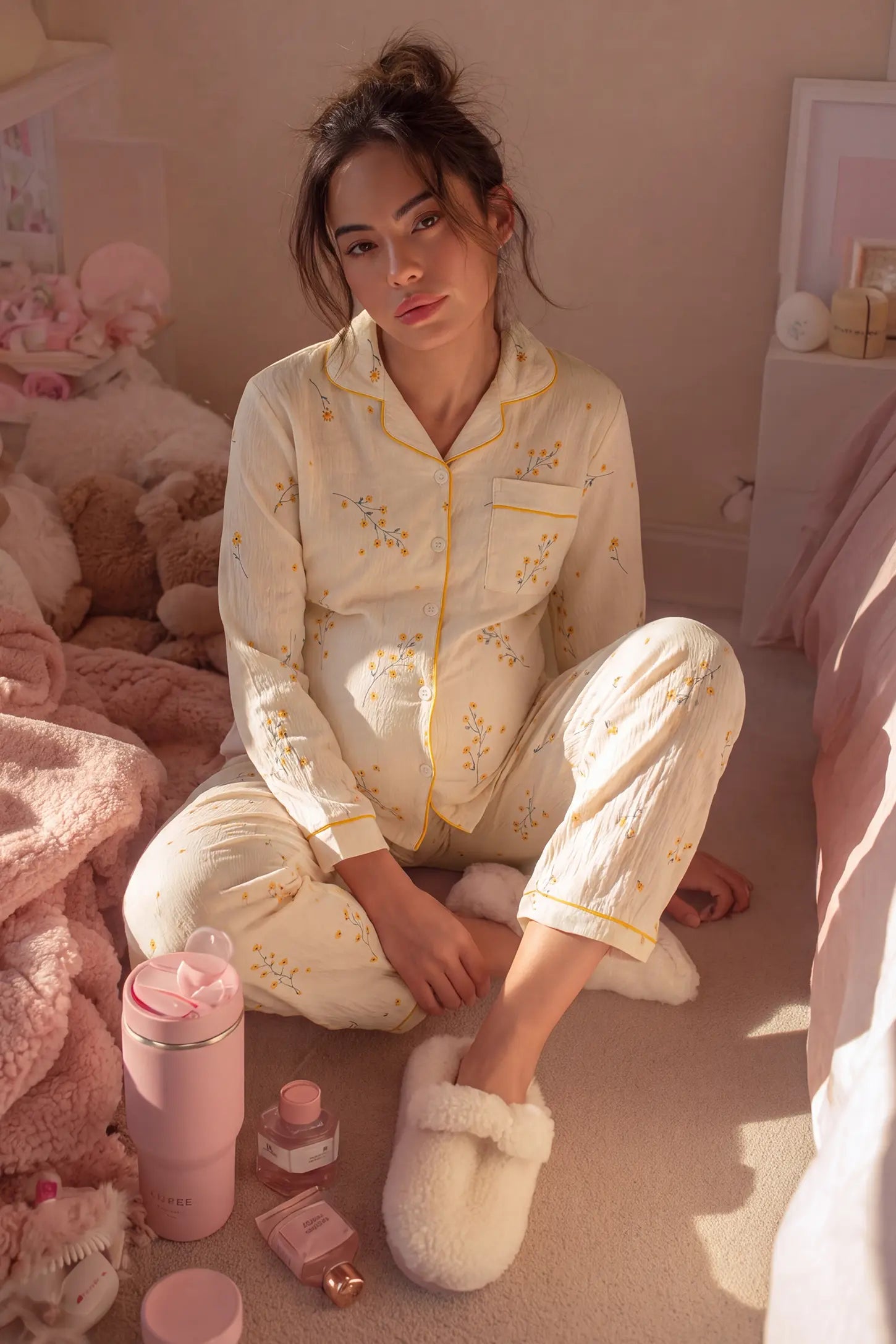 Cozy Floral Cotton Maternity Pajama Set Cozy Floral Cotton Maternity Pajama Set in Yellow Daisy featuring cozy countryside charm, soft floral print, and relaxed pants on a pregnant model, seated floor lounge view.