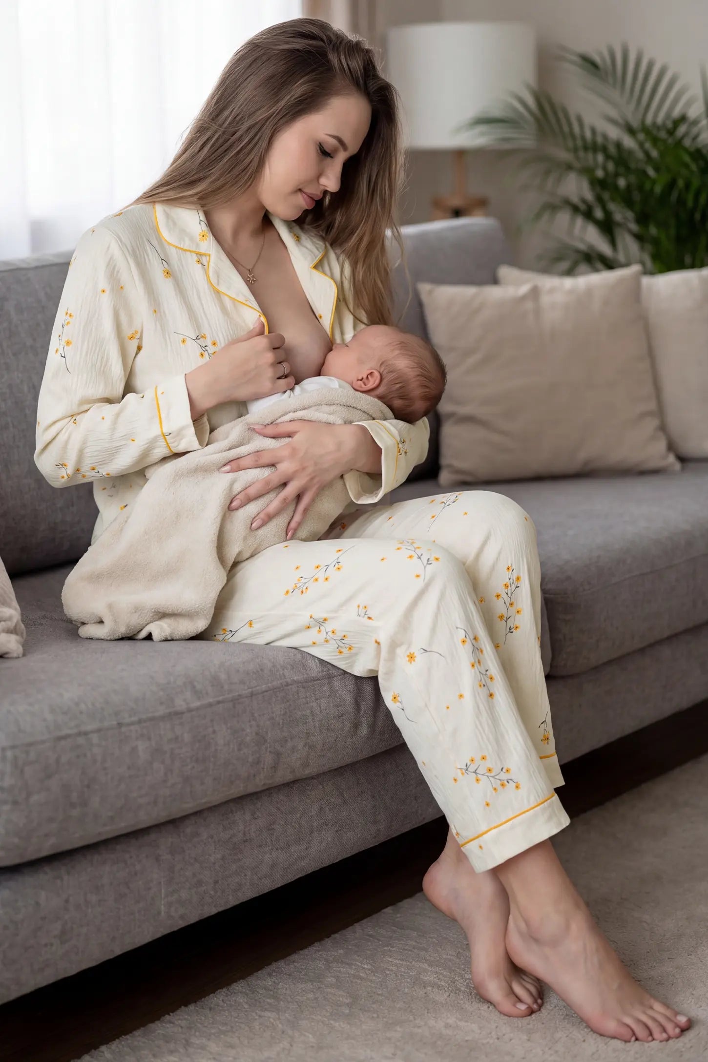 Cozy Floral Cotton Maternity Pajama Set Cozy Floral Cotton Maternity Pajama Set in Yellow Daisy featuring easy functional button-front nursing access and 100% soft cotton feel on a mother breastfeeding her baby, sofa lounge view.