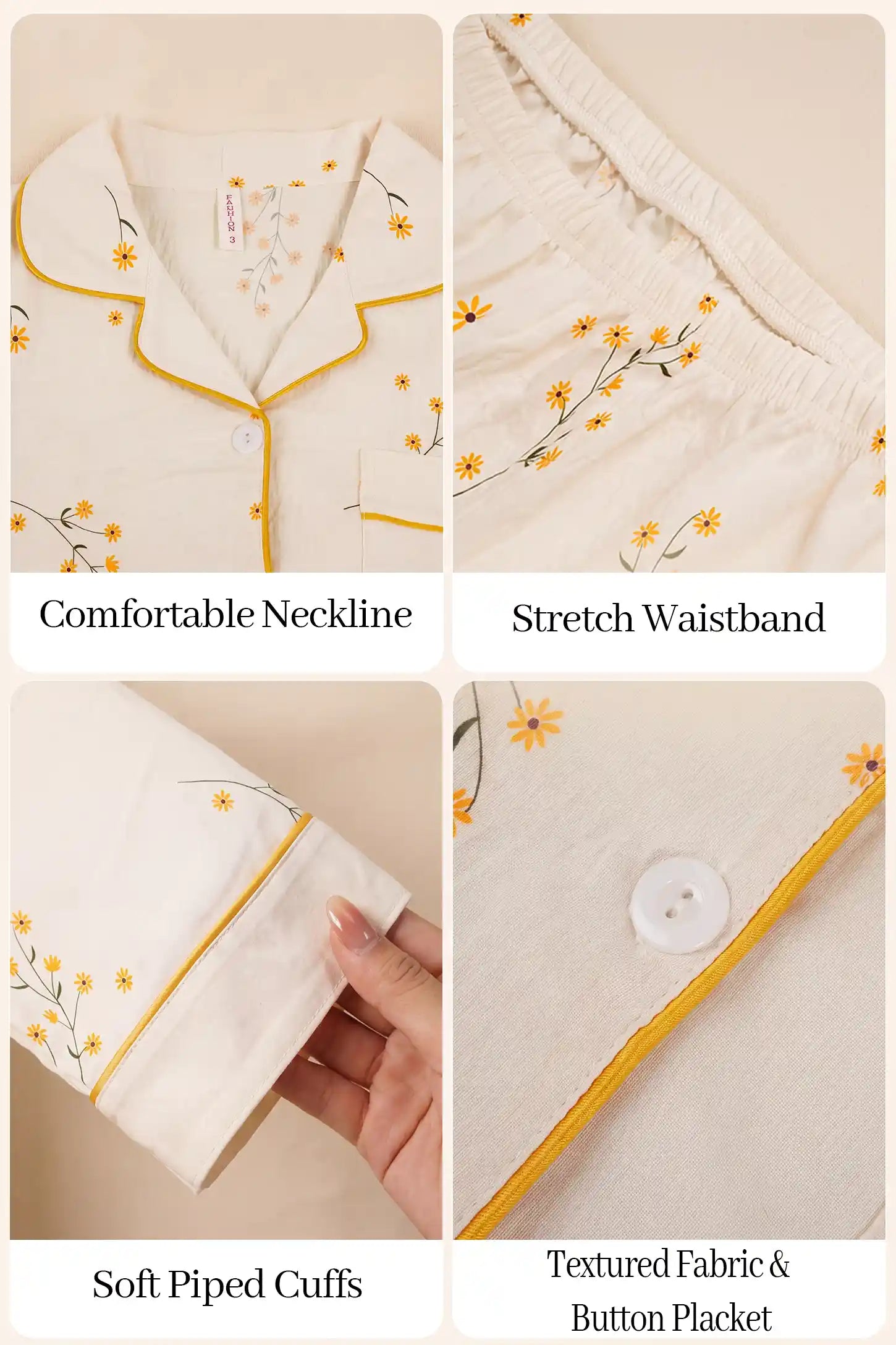 Cozy Floral Cotton Maternity Pajama Set Cozy Floral Cotton Maternity Pajama Set in Yellow Daisy featuring comfortable notch neckline, stretch waistband, soft piped cuffs, textured cotton fabric, and button placket detail close-up.