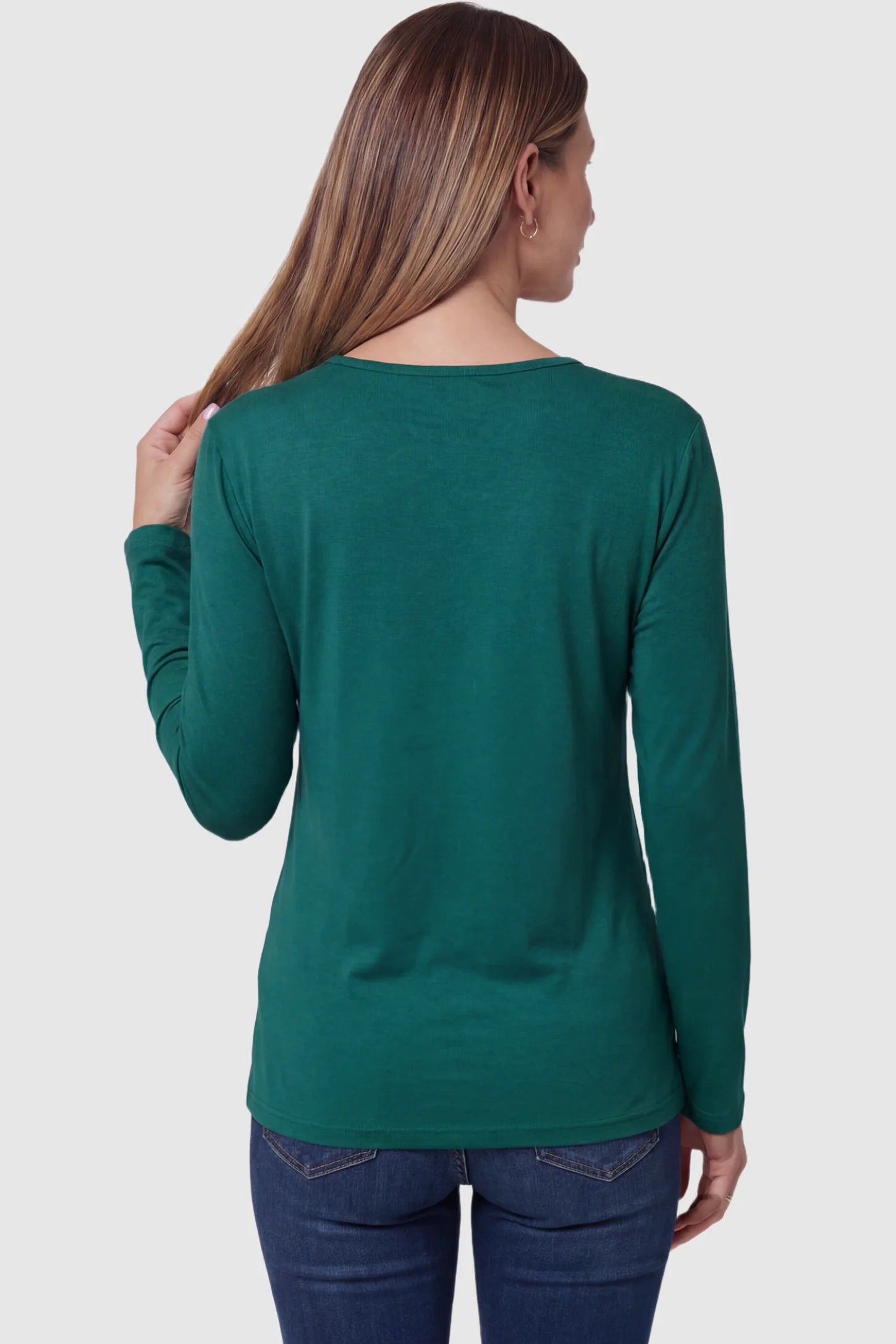 Crew Neck Long Sleeve with Side Tie Maternity Top Crew Neck Long Sleeve with Side Tie Maternity Top in green featuring a bodycon fit on a pregnant model back view.