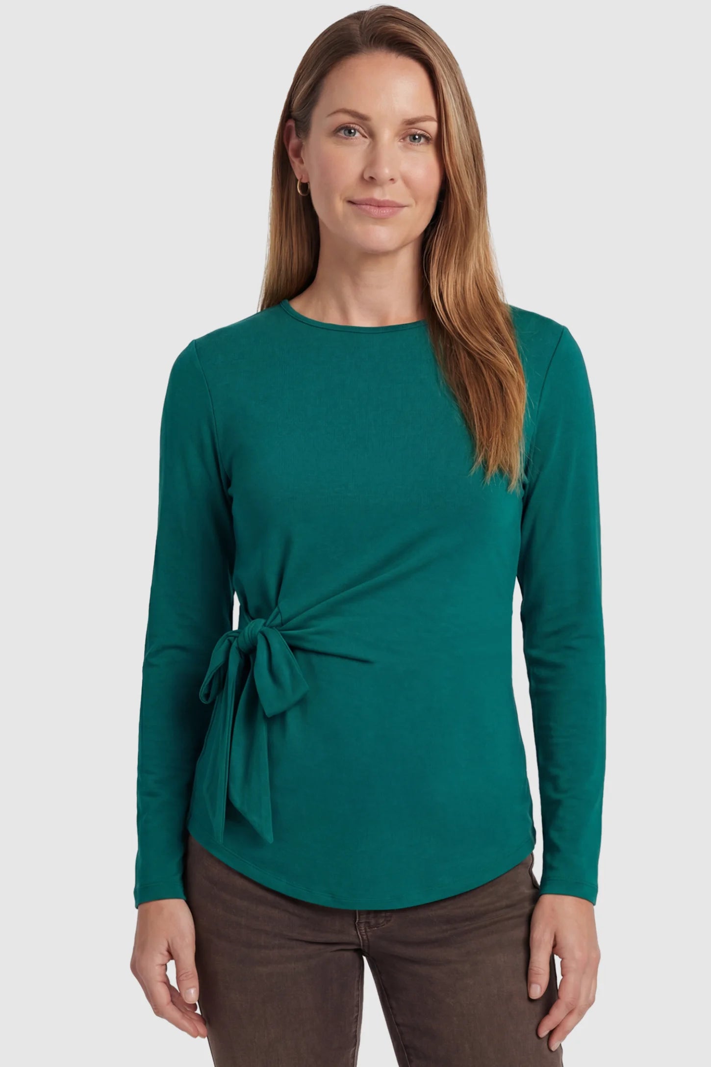 Crew Neck Long Sleeve with Side Tie Maternity Top Crew Neck Long Sleeve with Side Tie Maternity Top in green featuring an adjustable side tie and crew neckline on a non pregnant model front view.
