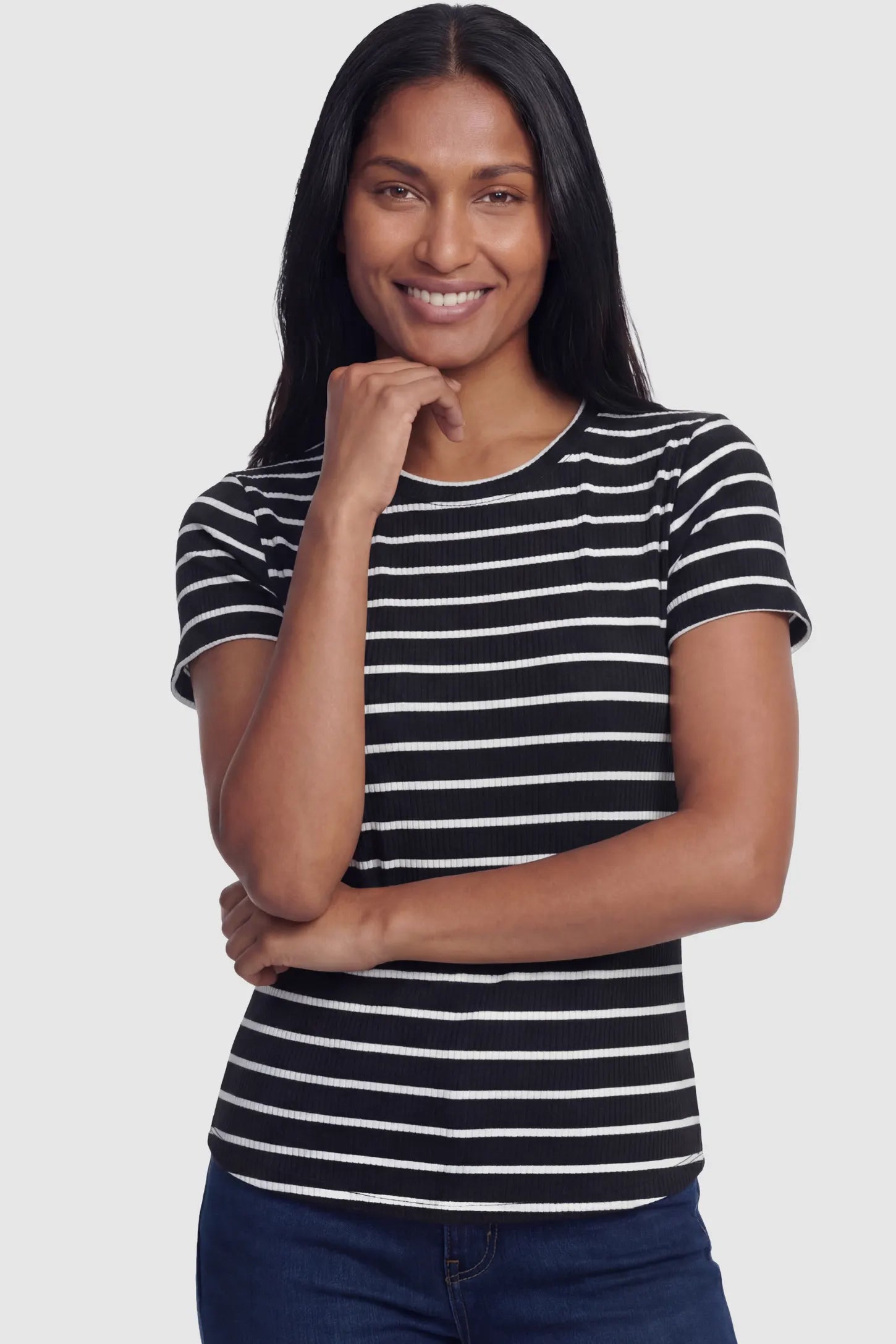 Striped Crew Neck Short Sleeve Maternity Top Striped crew neck short sleeve maternity top in black and white shown in front view on a postpartum model