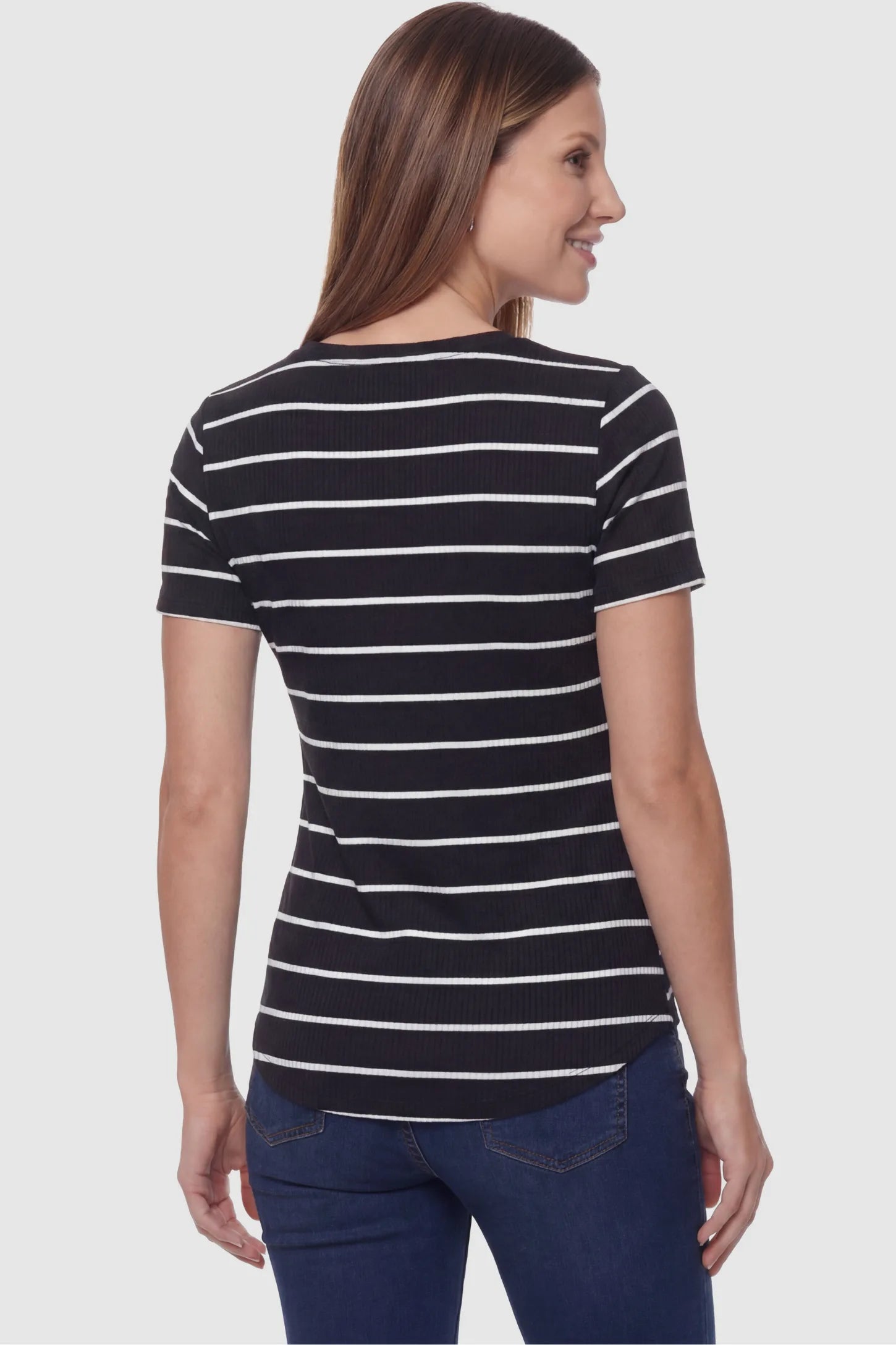 Striped Crew Neck Short Sleeve Maternity Top Striped crew neck short sleeve maternity top in black and white shown in back view on a pregnant model
