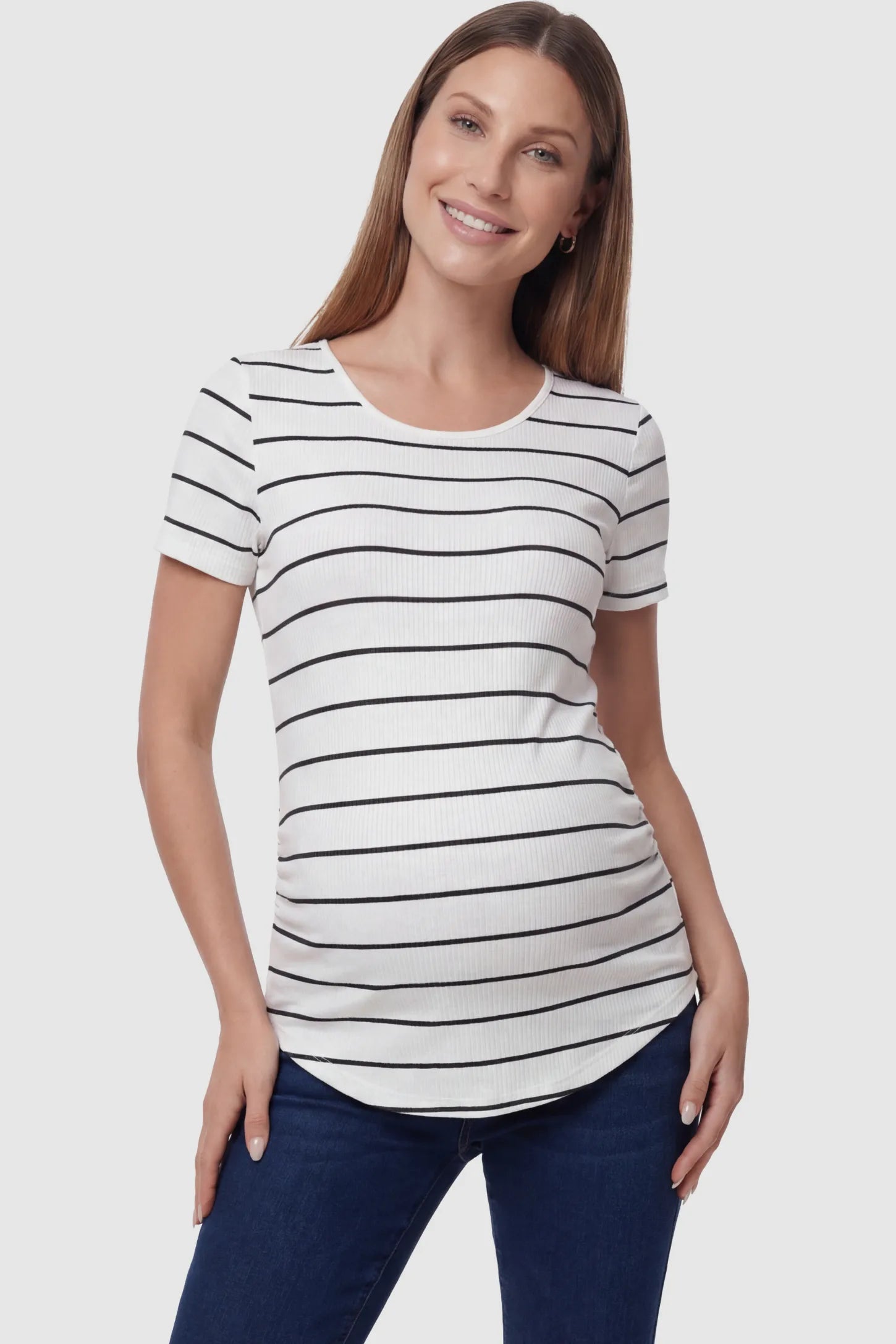 Striped Crew Neck Short Sleeve Maternity Top Striped crew neck short sleeve maternity top in white and black shown in front view on a pregnant model