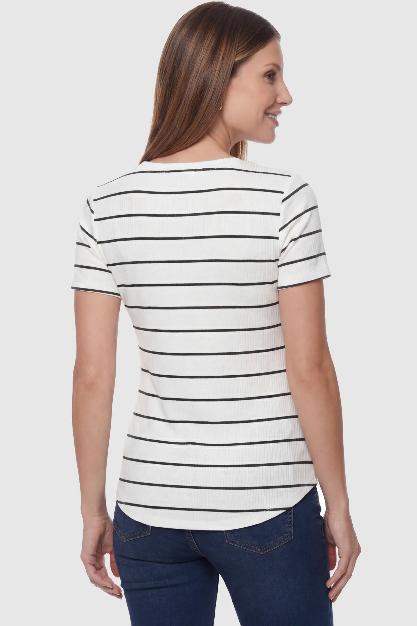 Striped Crew Neck Short Sleeve Maternity Top Striped crew neck short sleeve maternity top in white and black shown in back view on a pregnant model