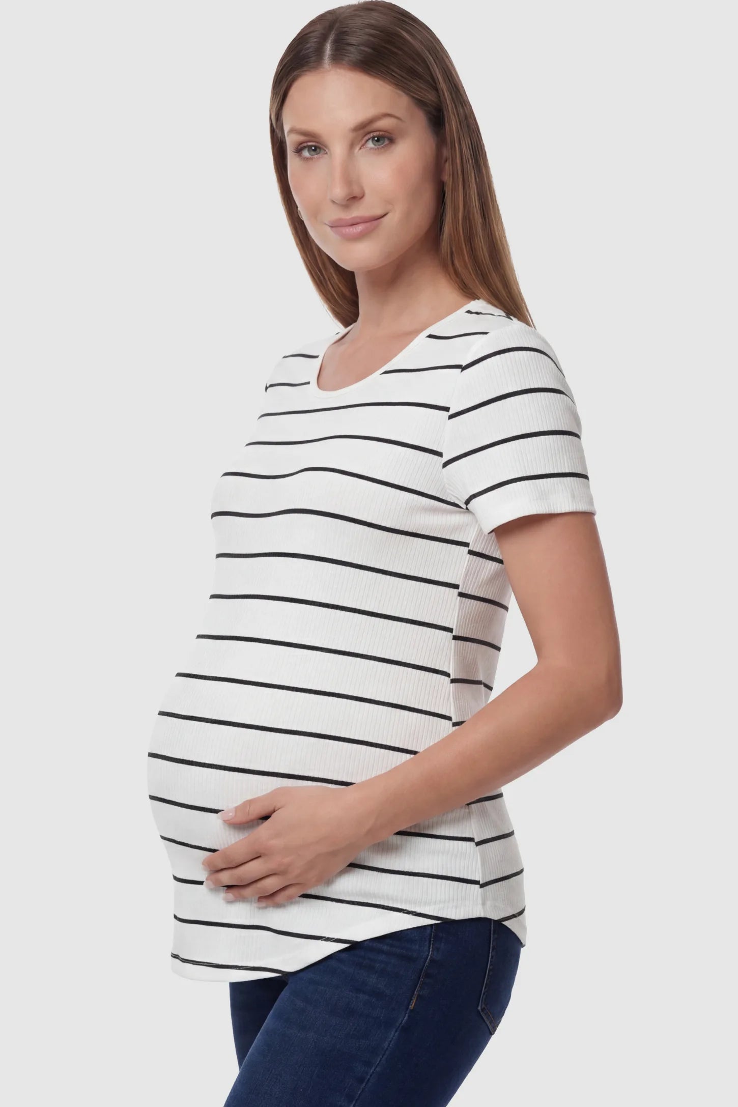 Striped Crew Neck Short Sleeve Maternity Top Striped crew neck short sleeve maternity top in white and black shown in side view on a pregnant model