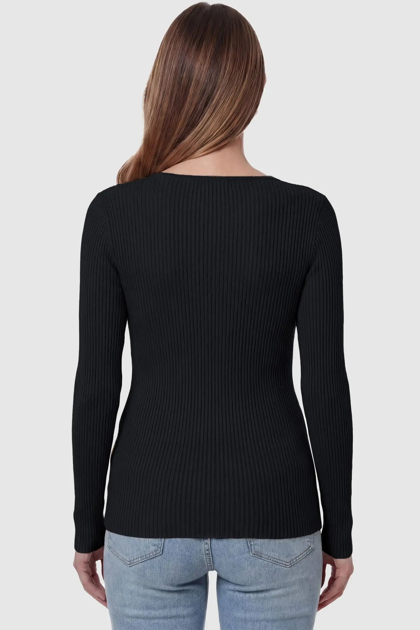 Cross-Over Ribbed Knit Maternity & Nursing Top Cross-Over Ribbed Knit Maternity & Nursing Top in Black featuring a ribbed texture on a pregnant model, back view.