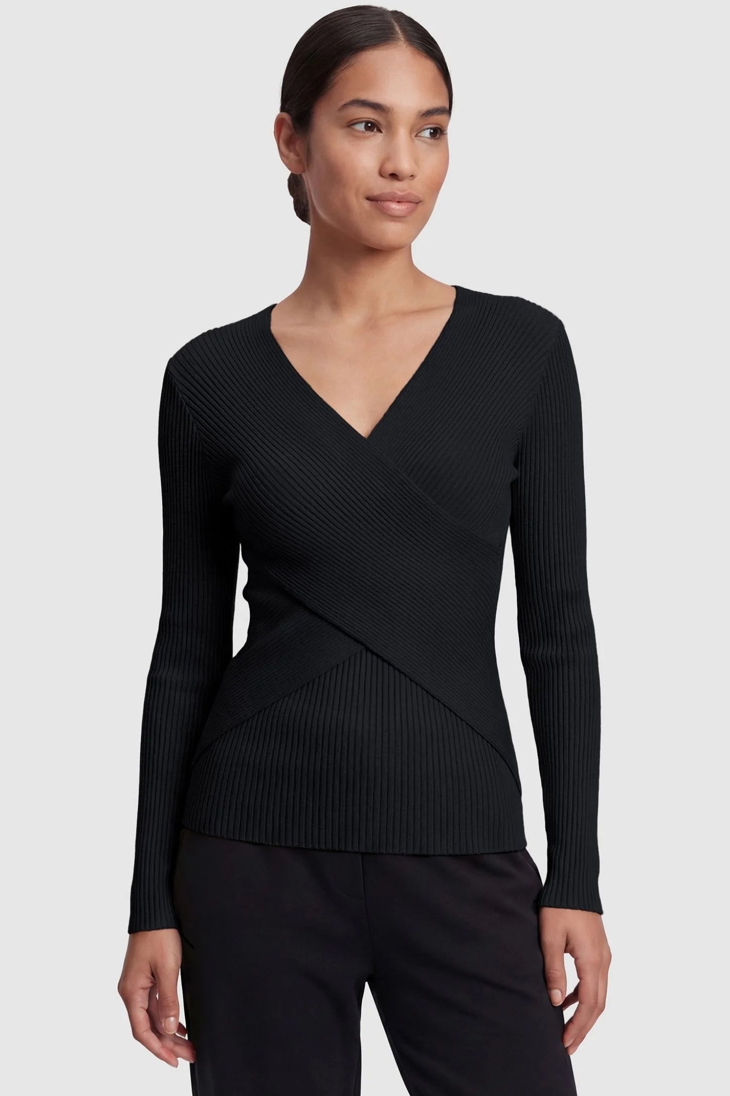 Cross-Over Ribbed Knit Maternity & Nursing Top Cross-Over Ribbed Knit Maternity & Nursing Top in Black featuring a wrap neckline and textured finish on a non pregnant model.