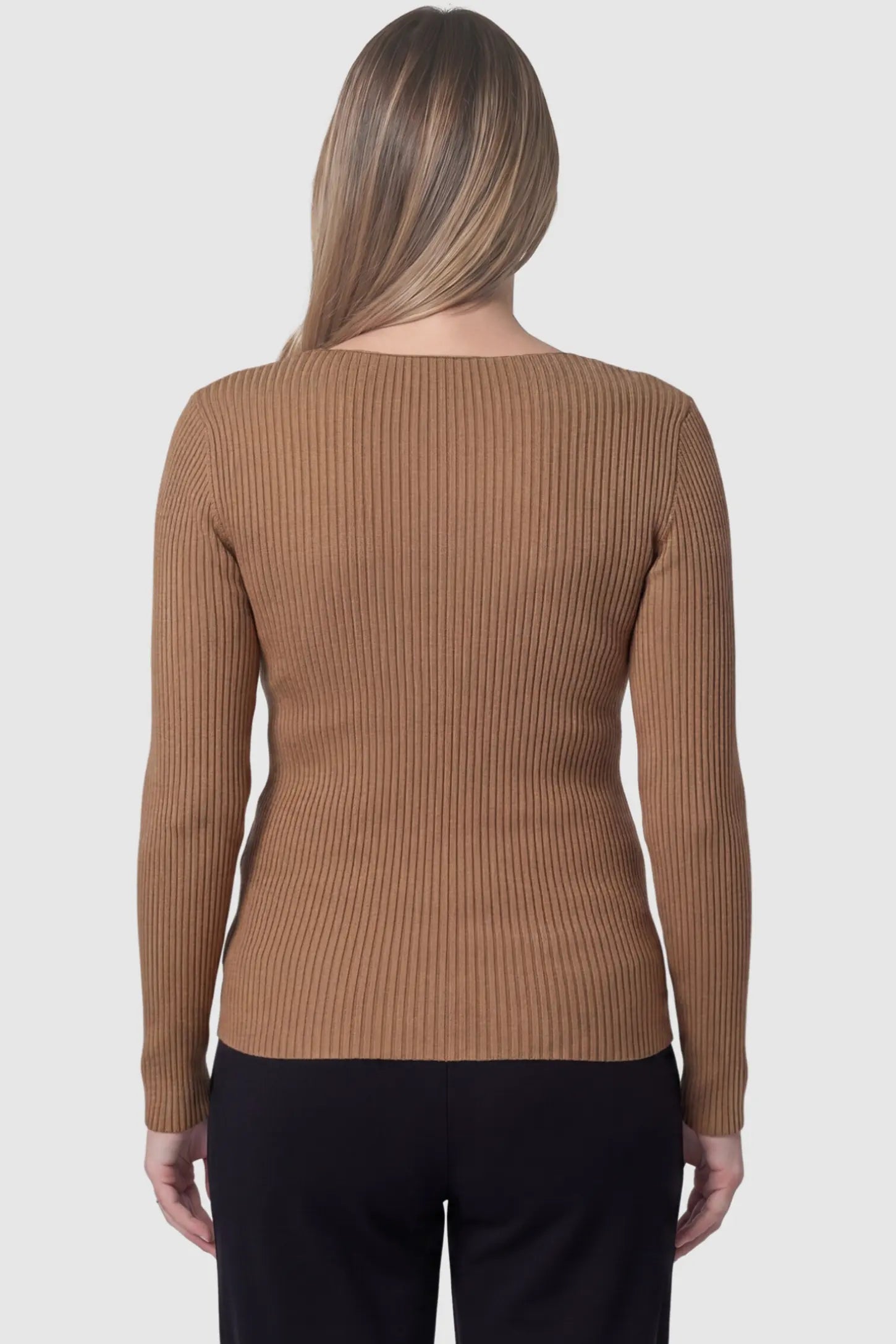 Cross-Over Ribbed Knit Maternity & Nursing Top Cross-Over Ribbed Knit Maternity & Nursing Top in Coffee featuring textured finish on a pregnant model, back view.