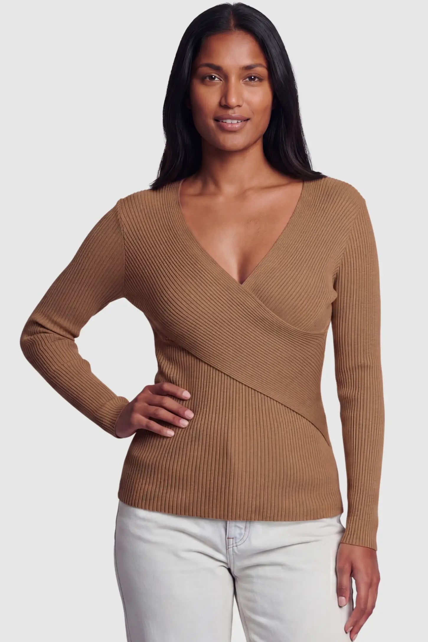 Cross-Over Ribbed Knit Maternity & Nursing Top Cross-Over Ribbed Knit Maternity & Nursing Top in Coffee featuring a wrap neckline and textured finish on a postpartum model, front view.