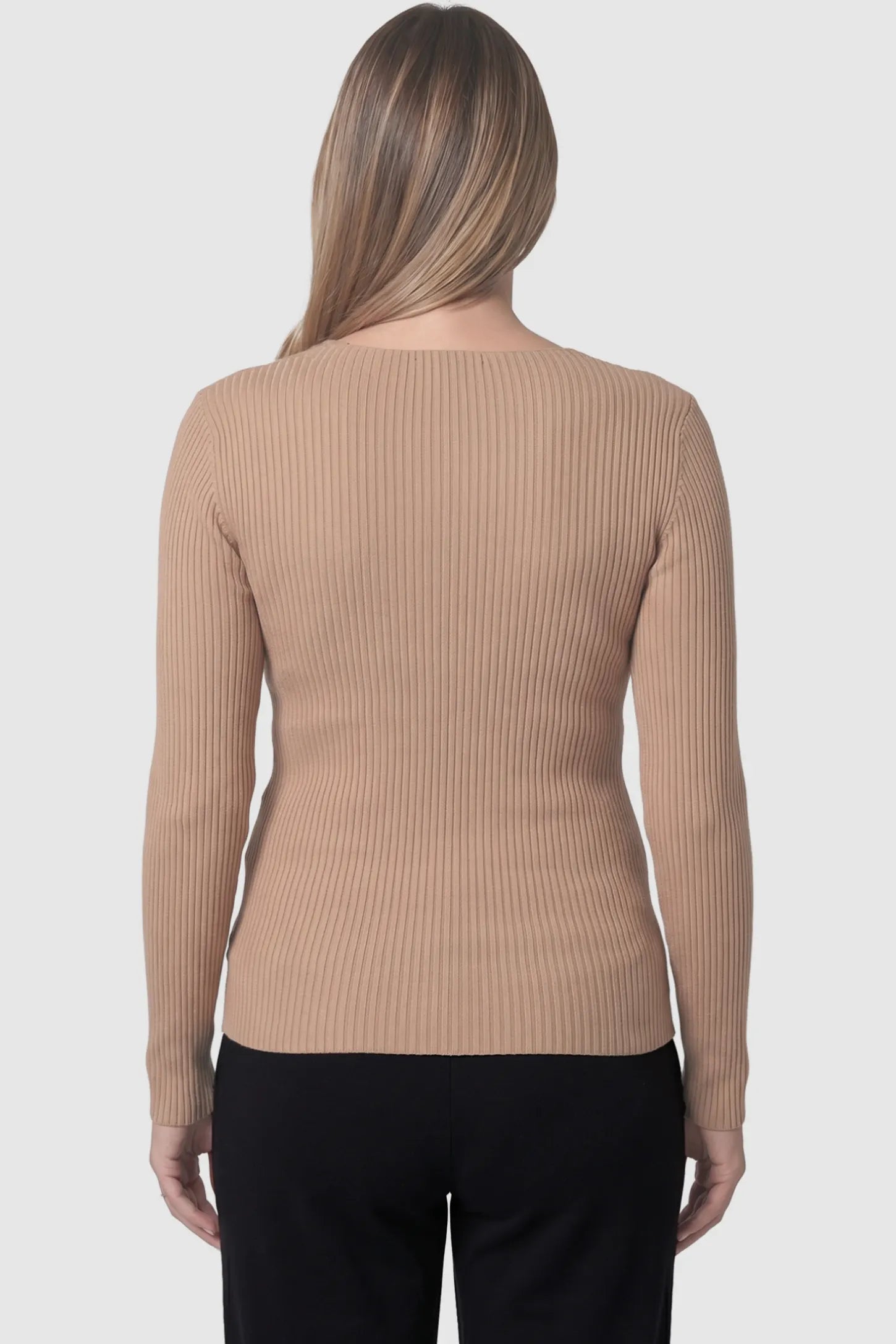 Cross-Over Ribbed Knit Maternity & Nursing Top Cross-Over Ribbed Knit Maternity & Nursing Top in Khaki featuring textured finish on a pregnant model, back view.