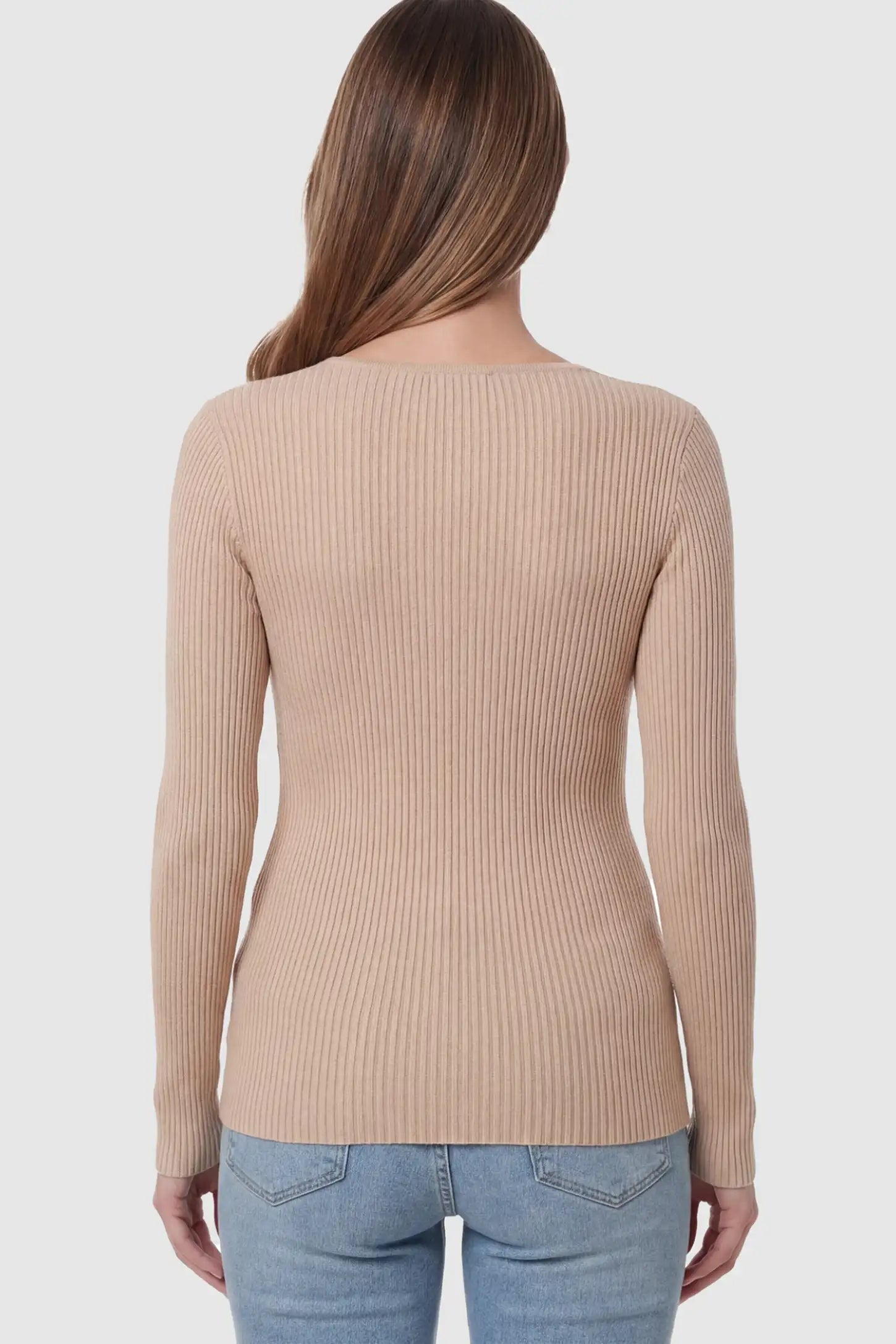 Cross-Over Ribbed Knit Maternity & Nursing Top Cross-Over Ribbed Knit Maternity & Nursing Top in Khaki featuring a ribbed texture on a pregnant model, back view.