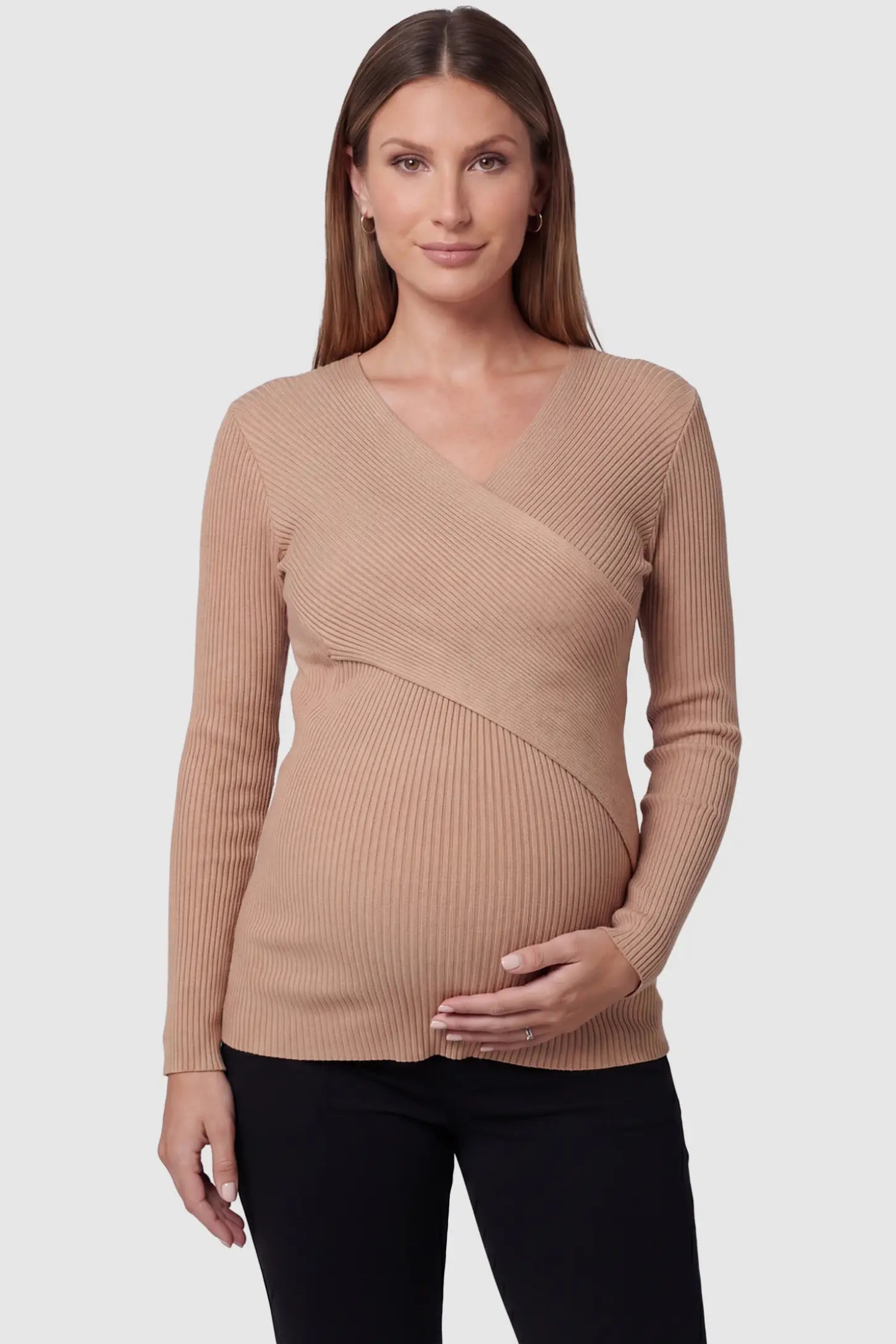 Cross-Over Ribbed Knit Maternity & Nursing Top Cross-Over Ribbed Knit Maternity & Nursing Top in Khaki featuring a wrap neckline and textured finish on a pregnant model, front view.