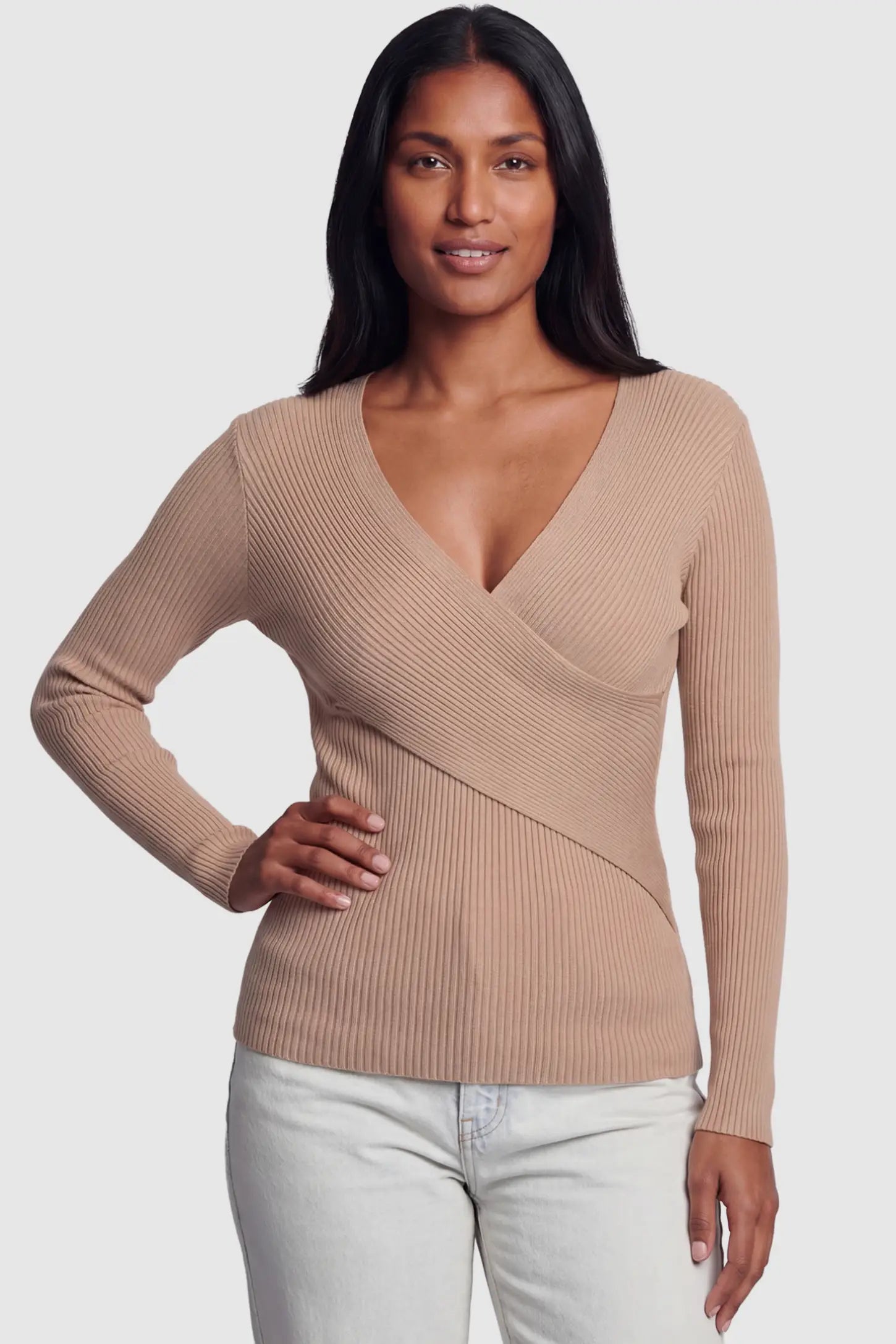 Cross-Over Ribbed Knit Maternity & Nursing Top Cross-Over Ribbed Knit Maternity & Nursing Top in Khaki featuring a wrap neckline and textured finish on a postpartum model, front view.