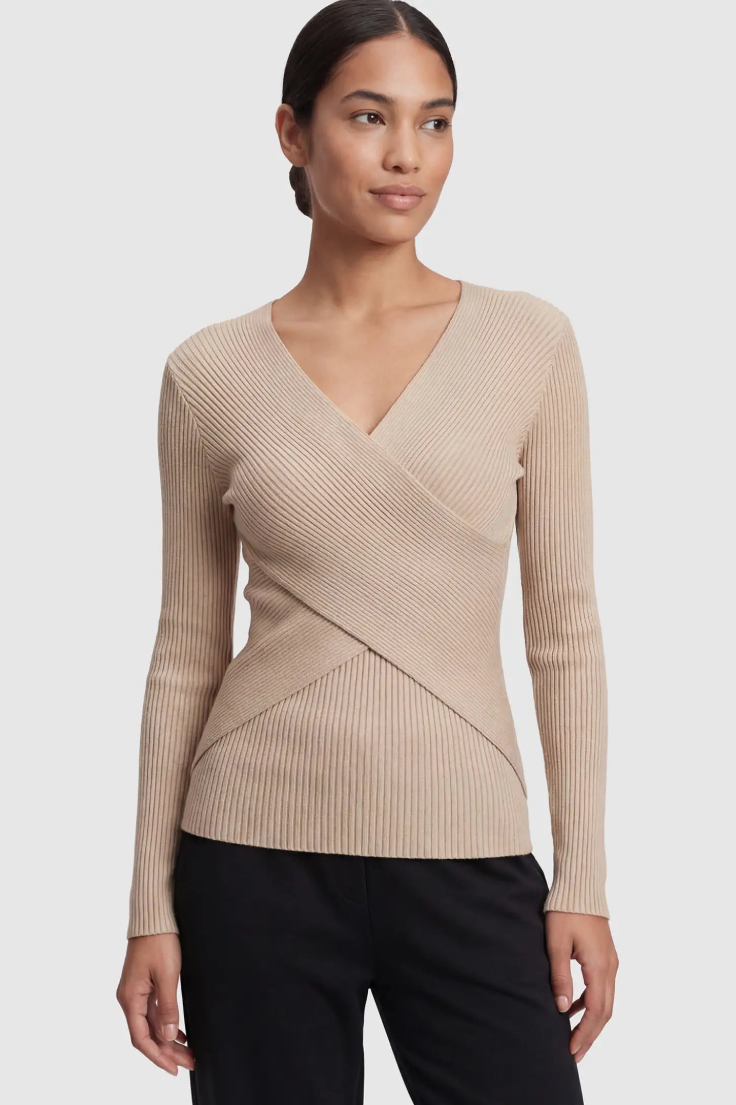 Cross-Over Ribbed Knit Maternity & Nursing Top Cross-Over Ribbed Knit Maternity & Nursing Top in Khaki featuring a wrap neckline and textured finish on a non-pregnant model.