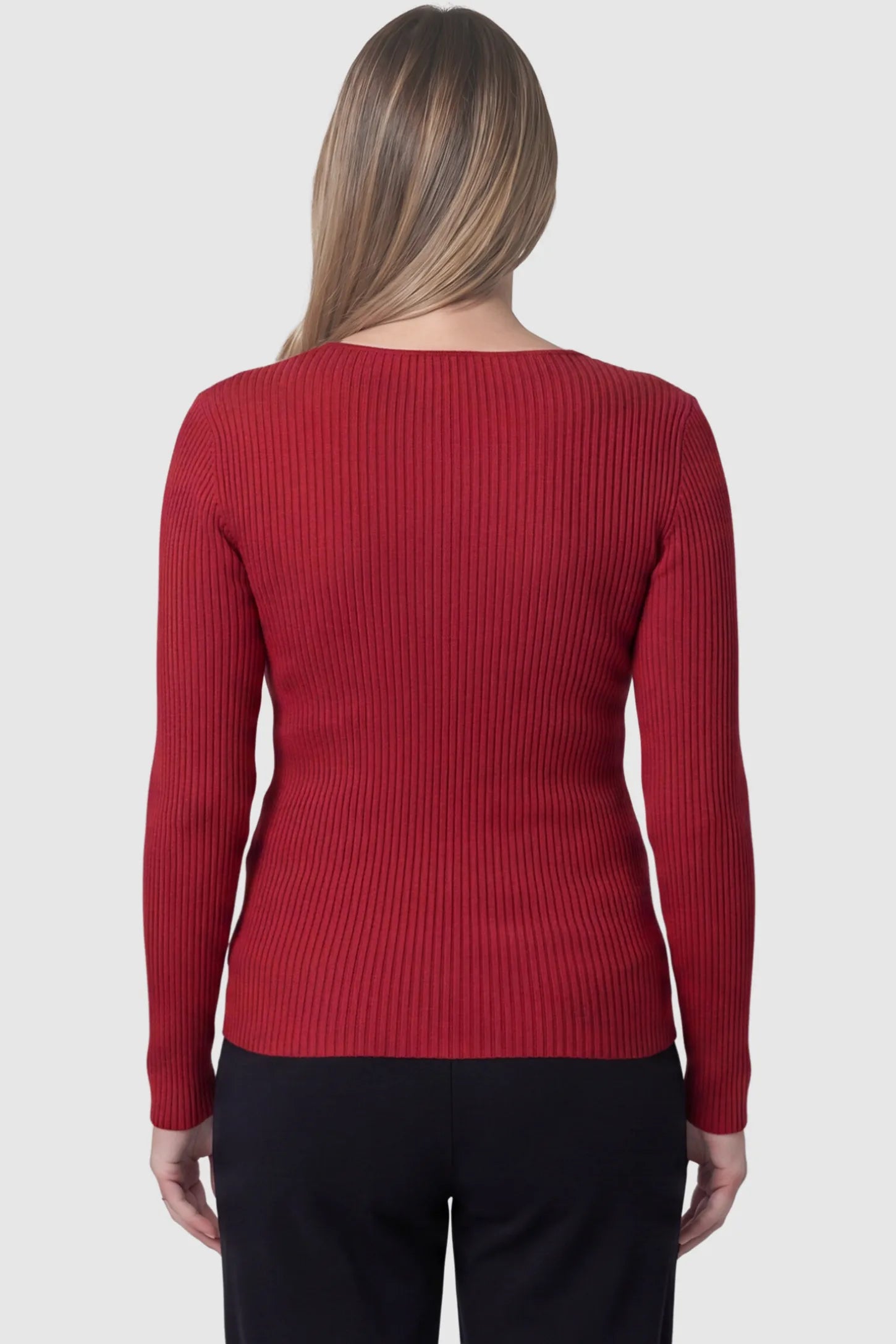 Cross-Over Ribbed Knit Maternity & Nursing Top Cross-Over Ribbed Knit Maternity & Nursing Top in Red featuring textured finish on a pregnant model, back view.
