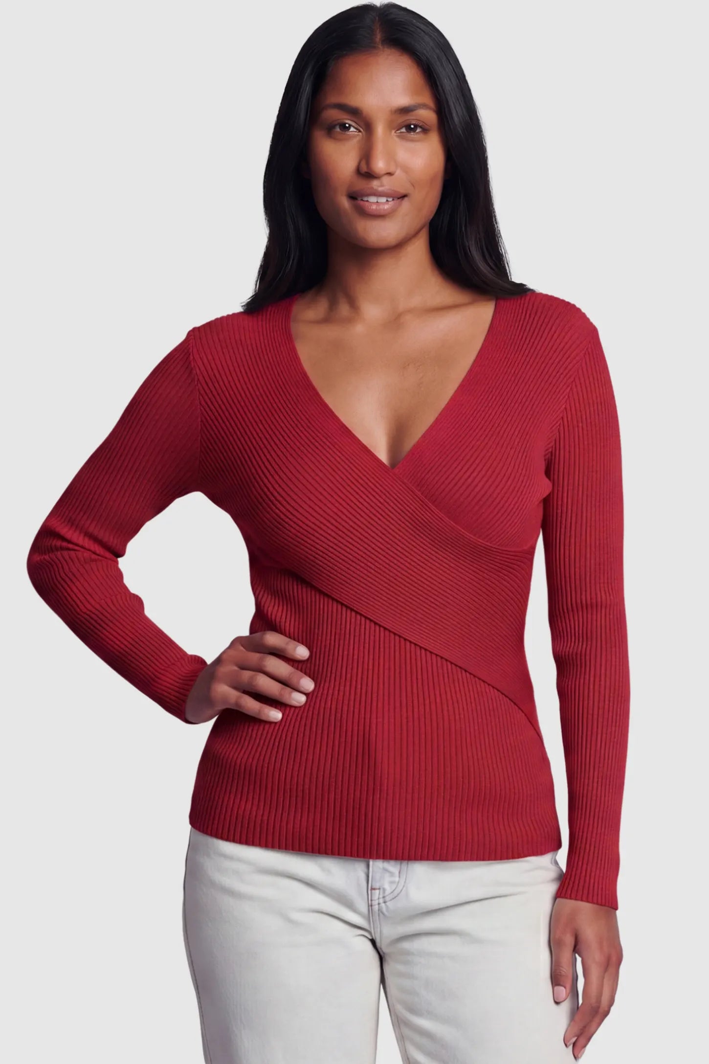 Cross-Over Ribbed Knit Maternity & Nursing Top Cross-Over Ribbed Knit Maternity & Nursing Top in Red featuring a wrap neckline and textured finish on a postpartum model, front view.