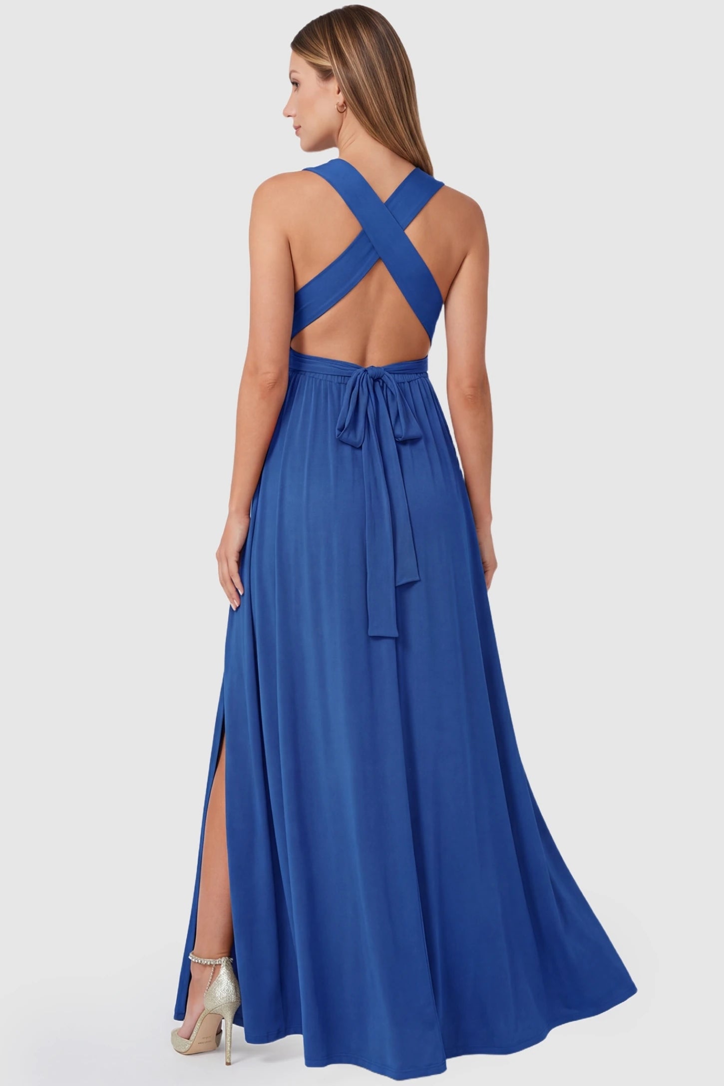 V-Neck Cross-Back Maxi Maternity Dress Blue V-Neck Cross-Back Maxi Maternity Dress featuring a stylish cross-back design on a pregnant model.