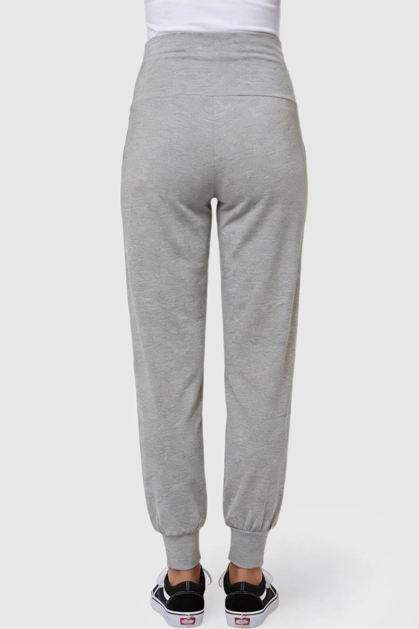High-Rise Cuffed Maternity Joggers High-Rise Cuffed Maternity Joggers in gray featuring over-the-belly support and ribbed cuff hem on pregnant model back view.