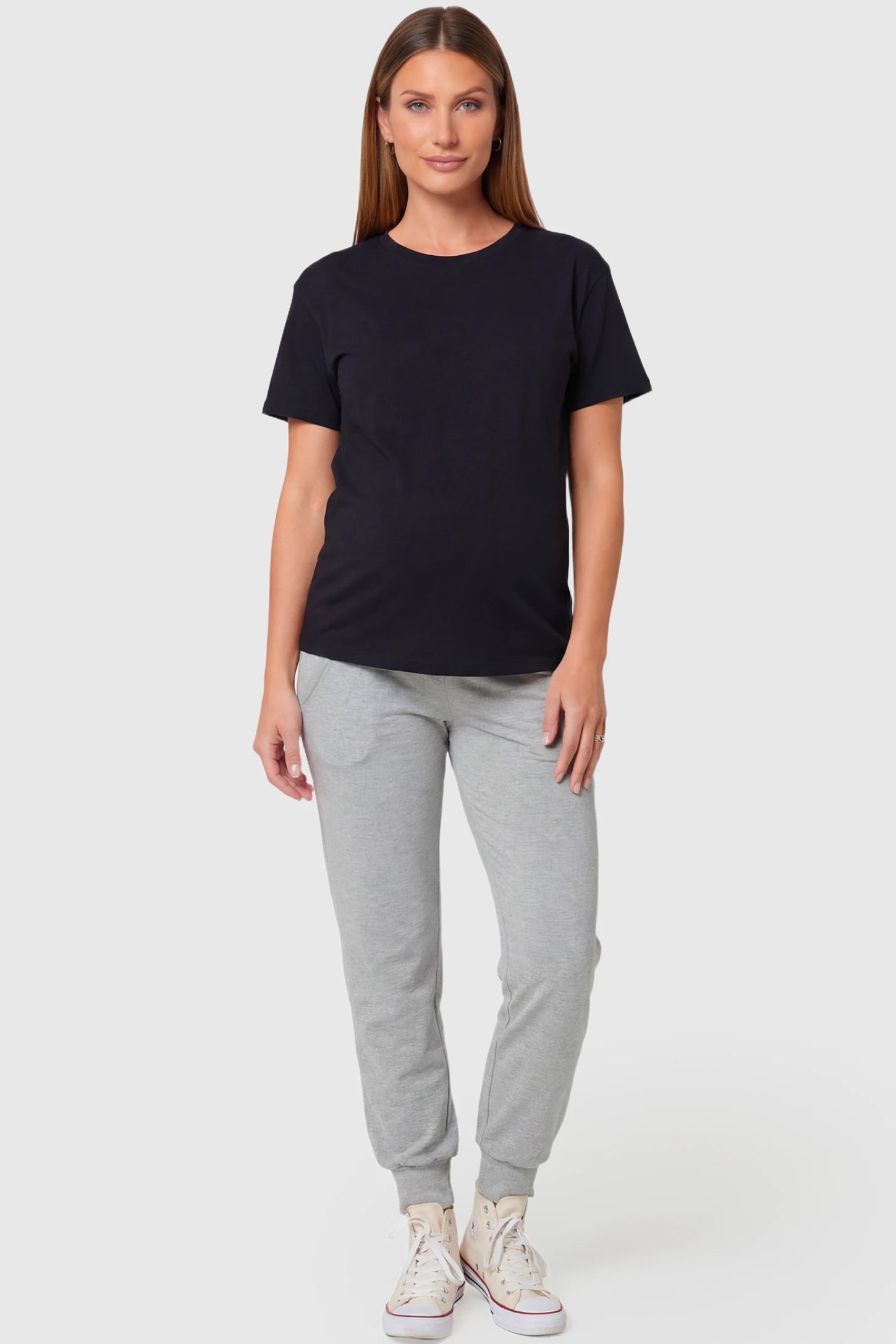 High-Rise Cuffed Maternity Joggers High-Rise Cuffed Maternity Joggers in gray featuring ribbed cuff hem on pregnant model.