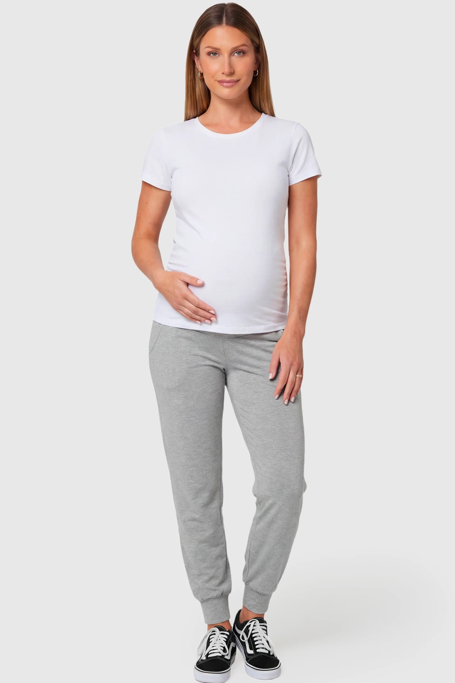 High-Rise Cuffed Maternity Joggers High-Rise Cuffed Maternity Joggers in gray featuring ribbed cuff hem on pregnant model.