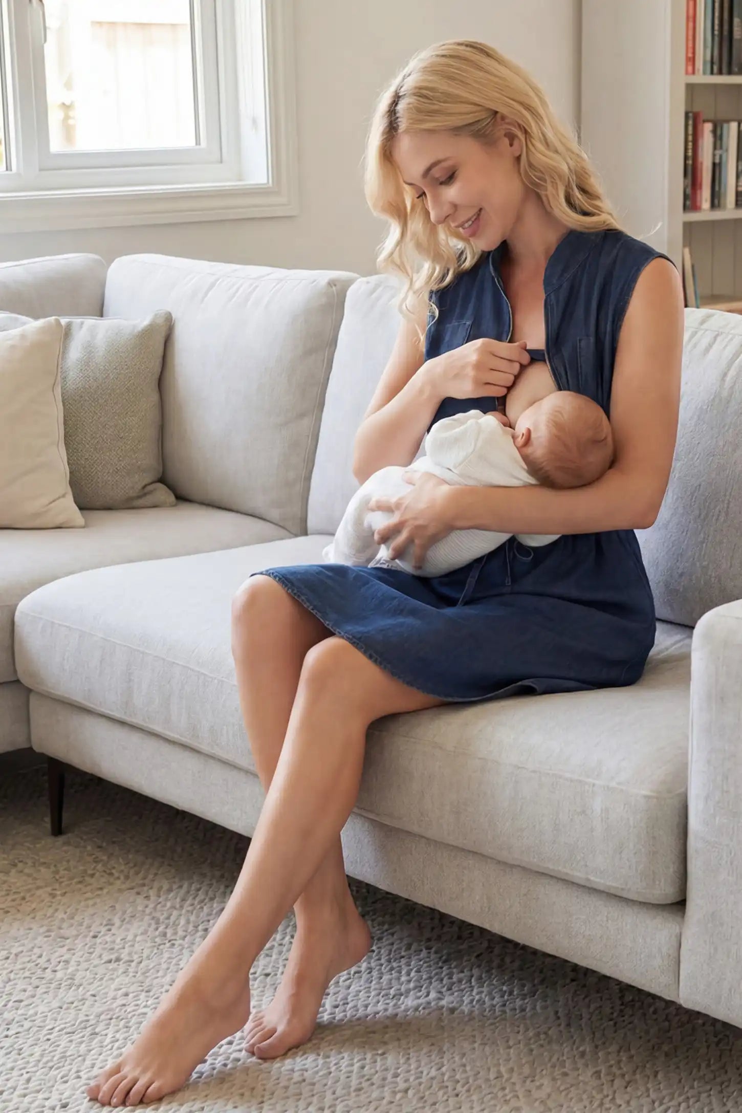 Denim Sleeveless Maternity & Nursing Midi Shirt Dress in dark blue featuring an easy nursing access on a pregnant model showing side.