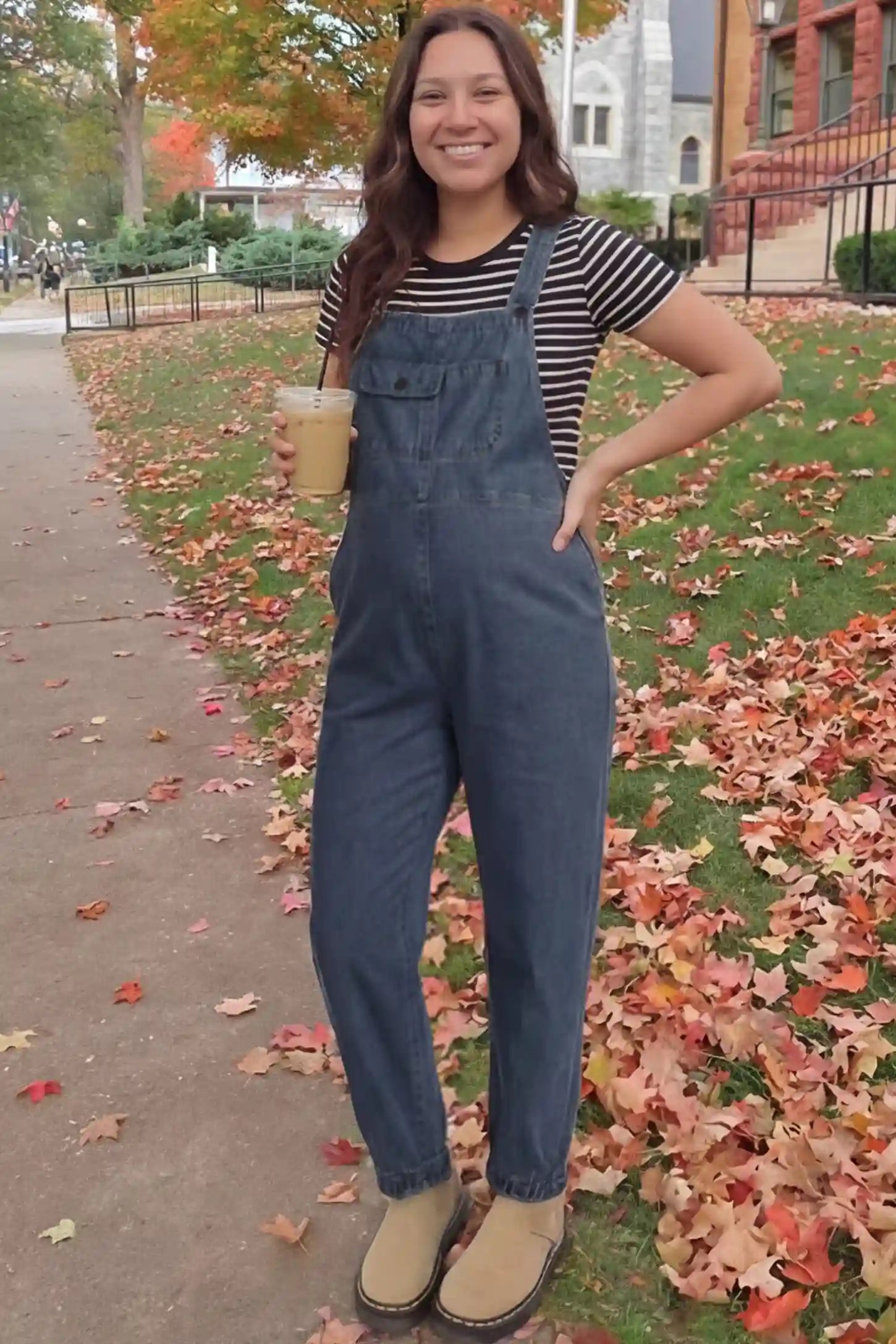 Wide Leg Denim Maternity Overalls Wide Leg Denim Maternity Overalls in blue with adjustable straps and relaxed fit on pregnant woman front view.