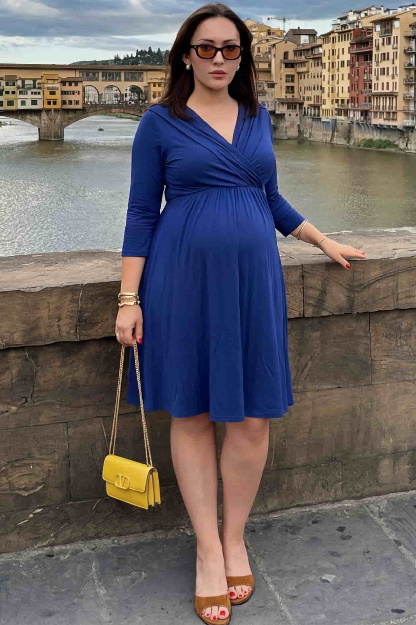 Crossover A-Line Maternity & Nursing Midi Dress Crossover A-Line Maternity & Nursing Midi Dress in navy blue featuring wrap V-neck bodice and flowy midi skirt on pregnant model.