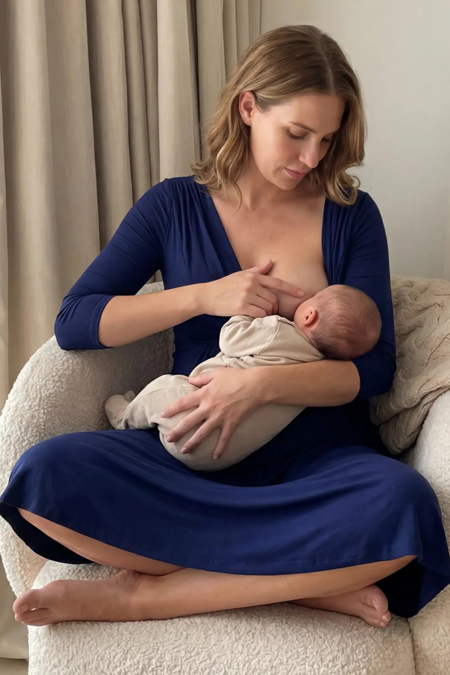 Crossover A-Line Maternity & Nursing Midi Dress Crossover A-line maternity & nursing midi dress in navy blue with easy nursing access, front view on postpartum model