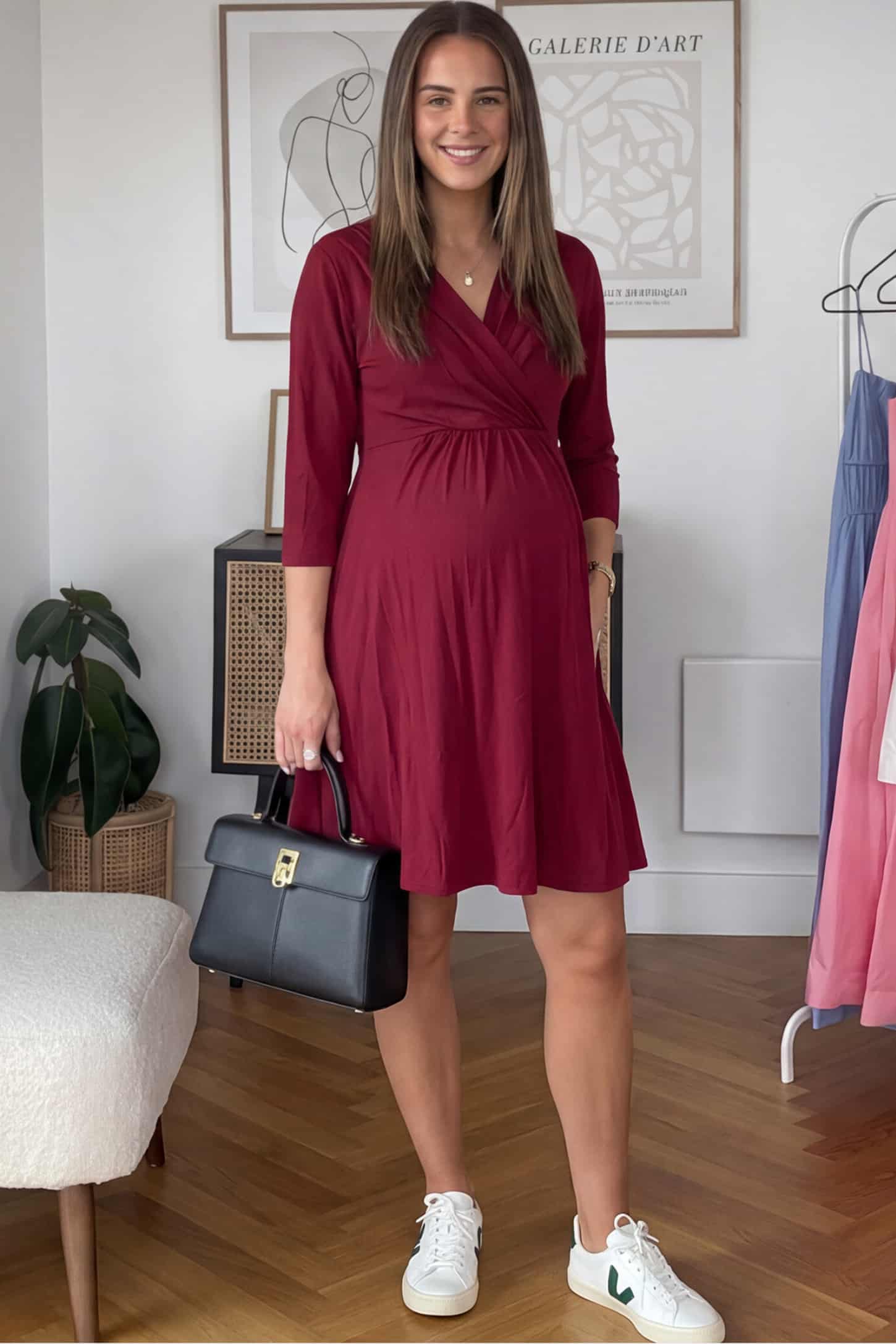 Crossover A-Line Maternity & Nursing Midi Dress Crossover A-Line Maternity & Nursing Midi Dress in red featuring wrap V-neck bodice and flowy midi skirt on pregnant model.