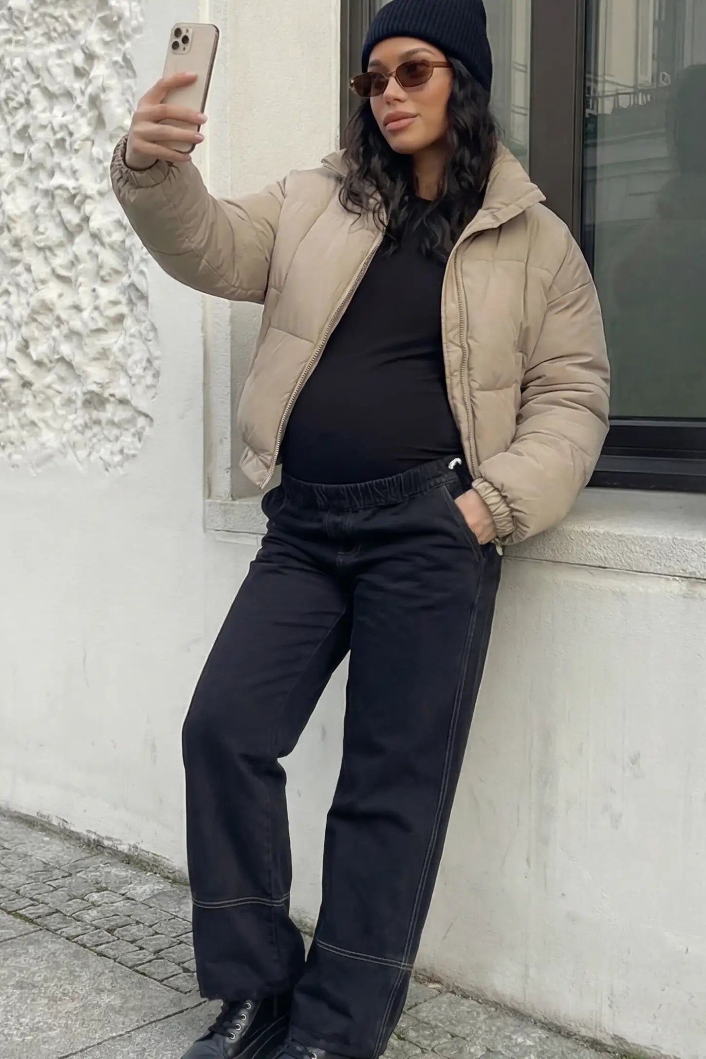 Drawstring Wide-Leg Maternity Jeans Drawstring Wide-Leg Maternity Jeans in black featuring adjustable waist and relaxed full-length silhouette on pregnant model showing front.
