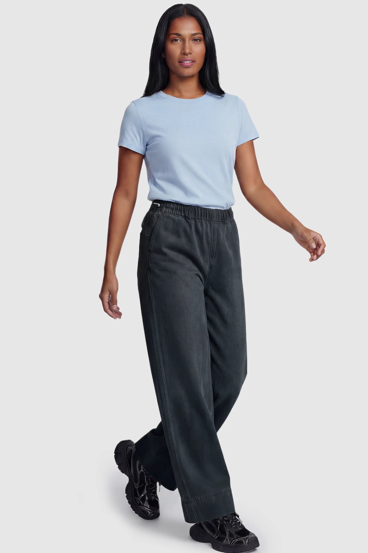 Drawstring Wide-Leg Maternity Jeans Drawstring Wide-Leg Maternity Jeans in black featuring adjustable waist and relaxed full-length silhouette on non pregnant model front view.