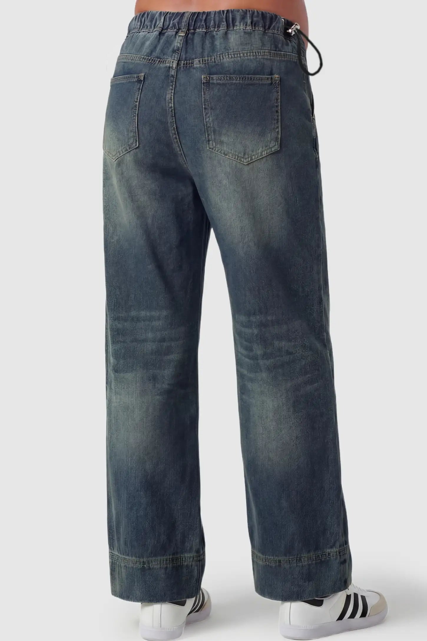 Drawstring Wide-Leg Maternity Jeans Drawstring Wide-Leg Maternity Jeans in cement gray featuring adjustable waist and relaxed full-length silhouette on pregnant model back view.