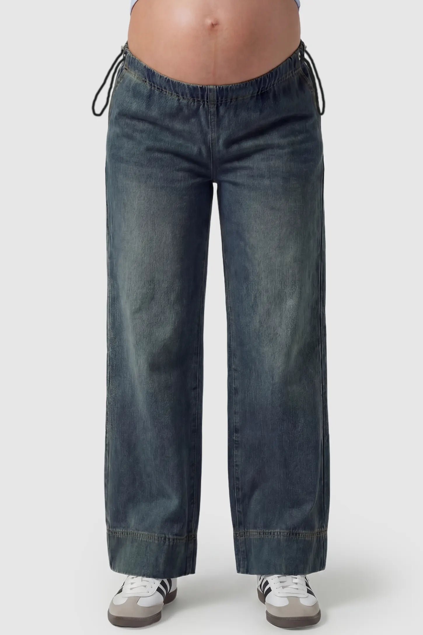 Drawstring Wide-Leg Maternity Jeans Drawstring Wide-Leg Maternity Jeans in cement gray featuring adjustable waist and relaxed full-length silhouette on pregnant model front view.
