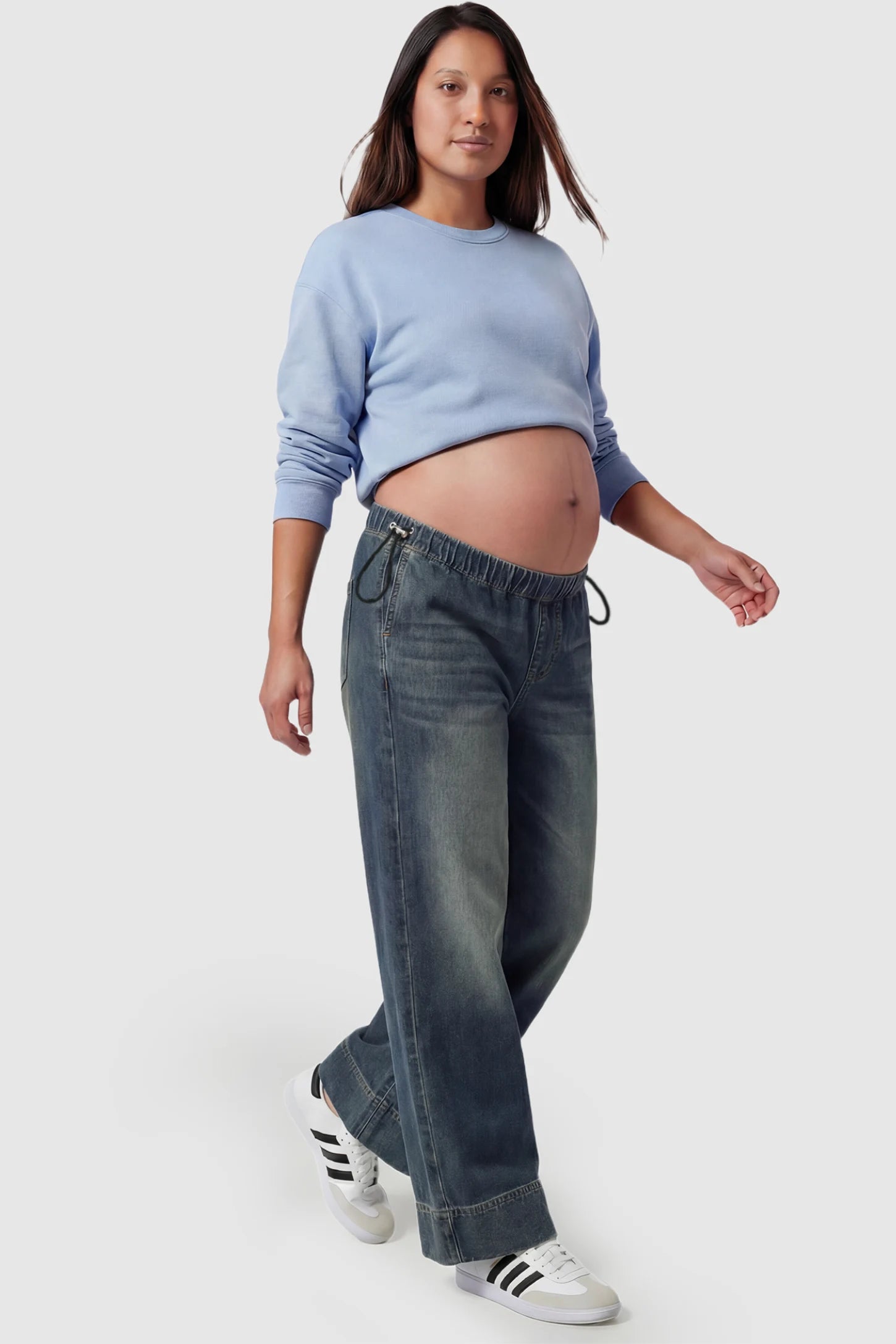 Drawstring Wide-Leg Maternity Jeans Drawstring Wide-Leg Maternity Jeans in cement gray featuring adjustable waist and relaxed full-length silhouette on pregnant model showing front.